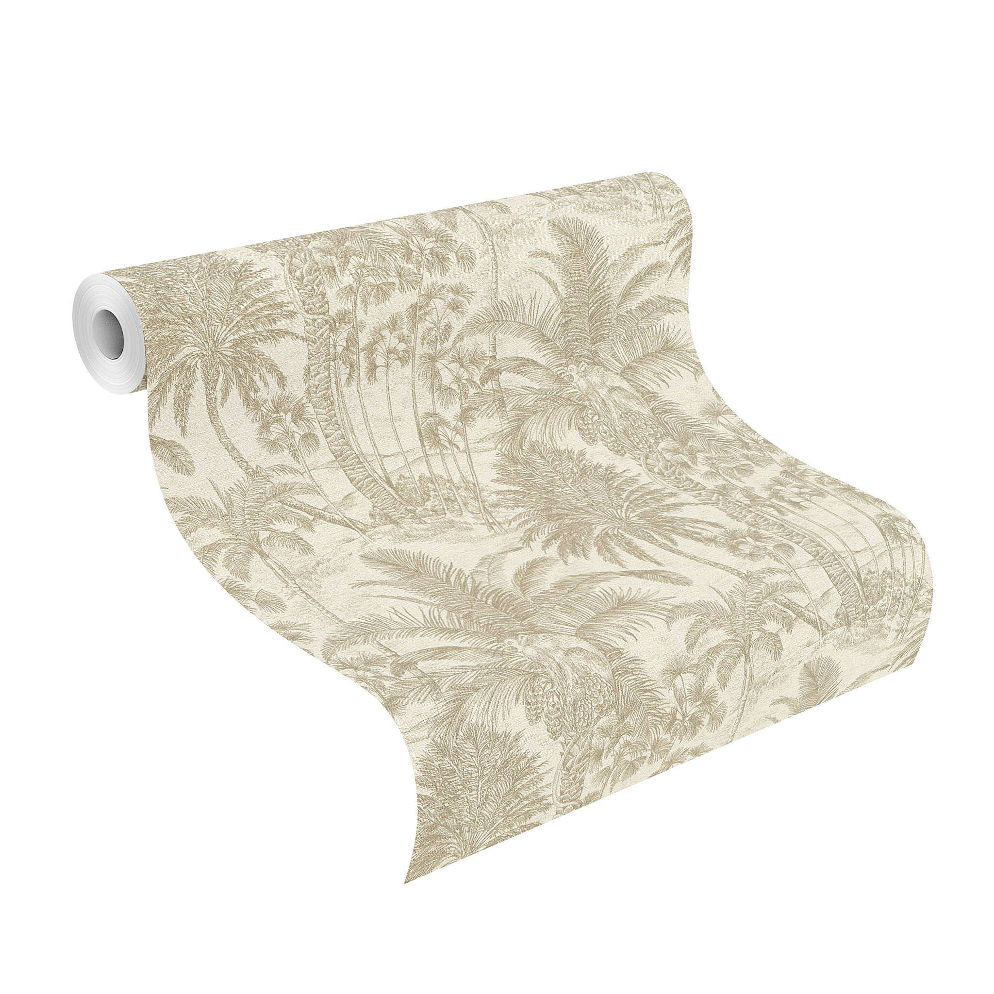 10-832549 Rolle abgerollt 1 Unrolled wallpaper roll with Tropical wallpaper with palm trees and jungle animals