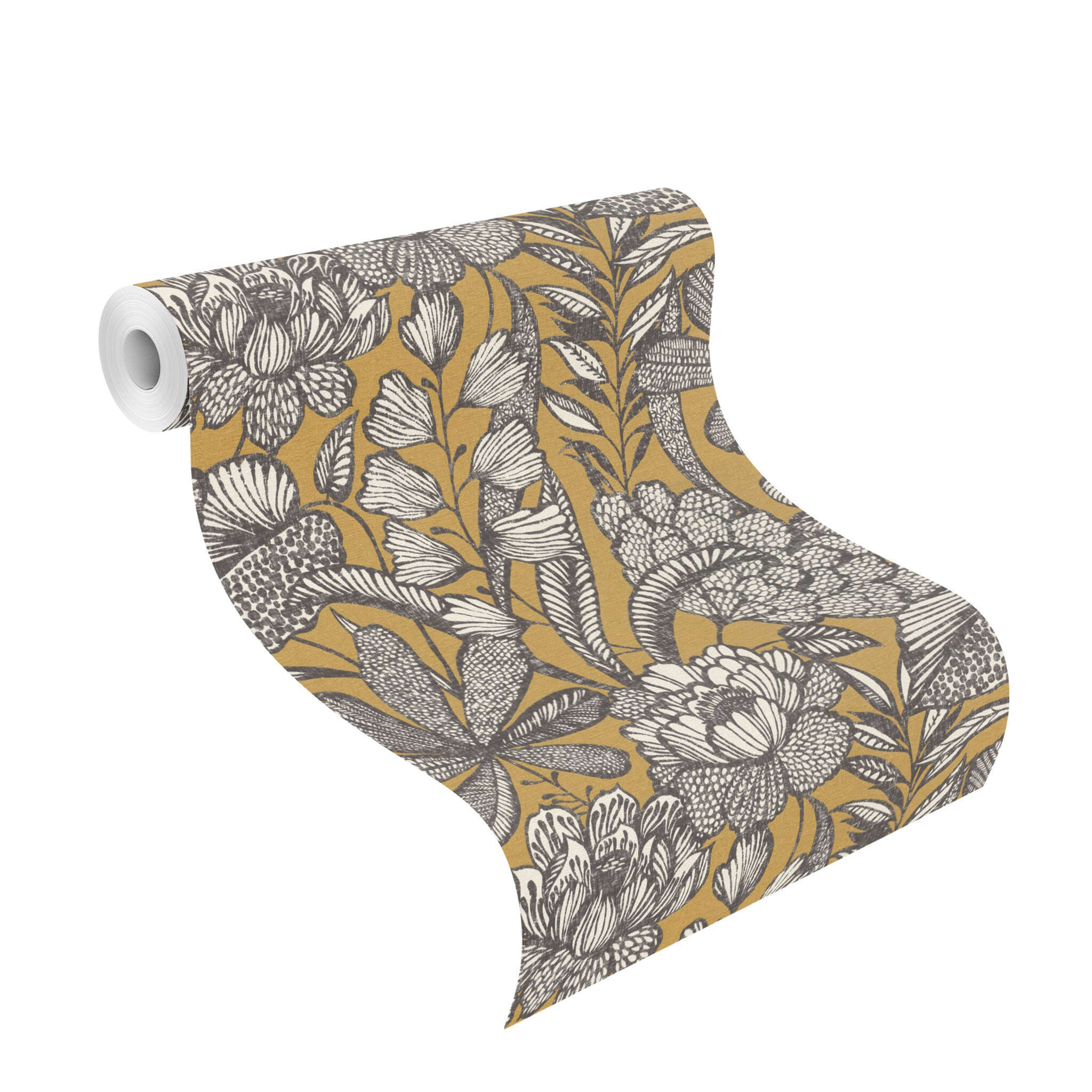 10-555363 Rolle abgerollt 1 Unrolled wallpaper roll with Botanical wallpaper with large plants and leaves