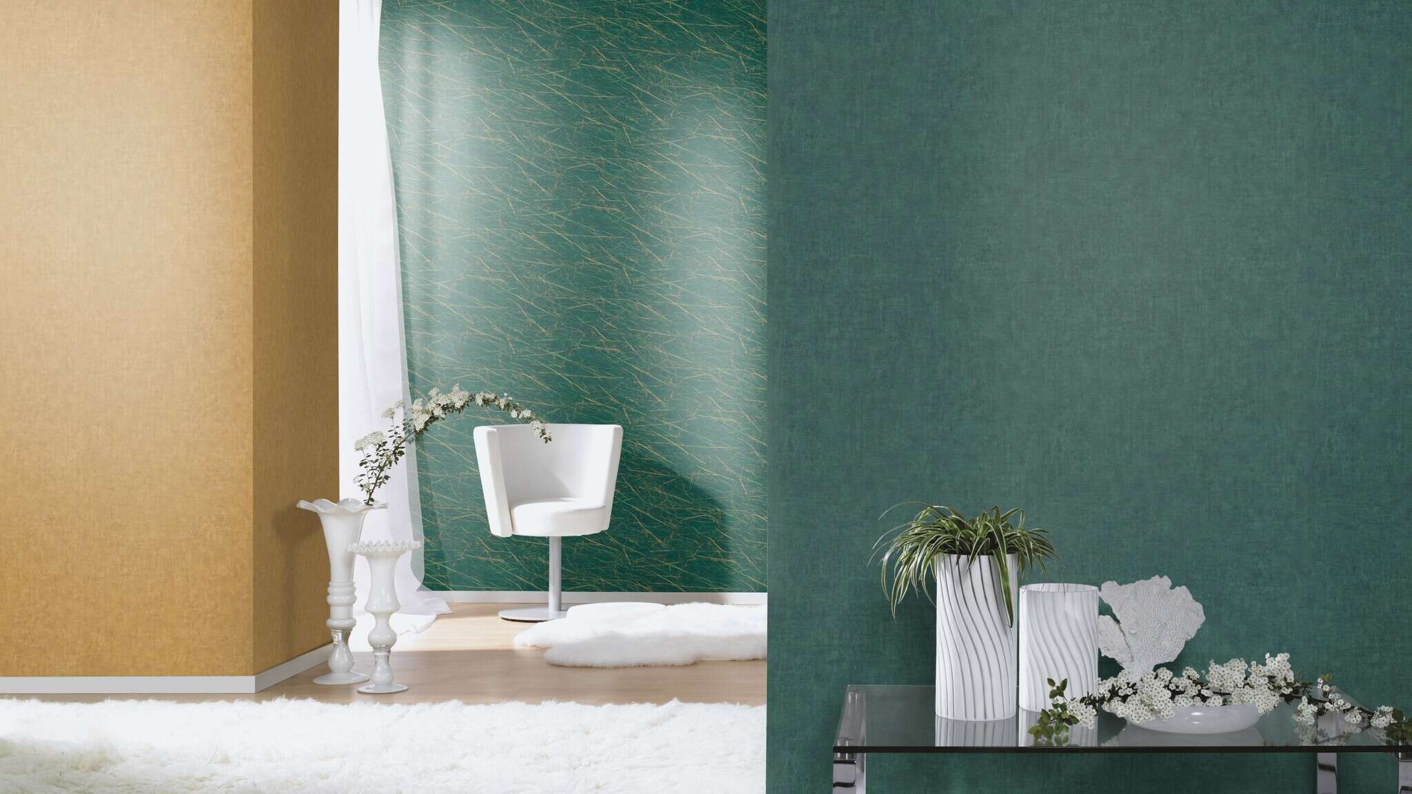 10-429282 Raumsituationen 4 Metal look non-woven wallpaper in green-opal green Selection 429282