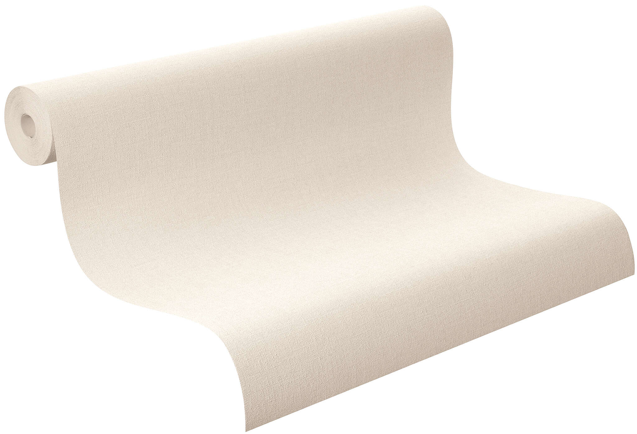 10-448641 Rolle abgerollt 1 Unrolled wallpaper roll with Plain wallpaper in delicate cream with a textile linen-like surface, ideal for cosy room designs.