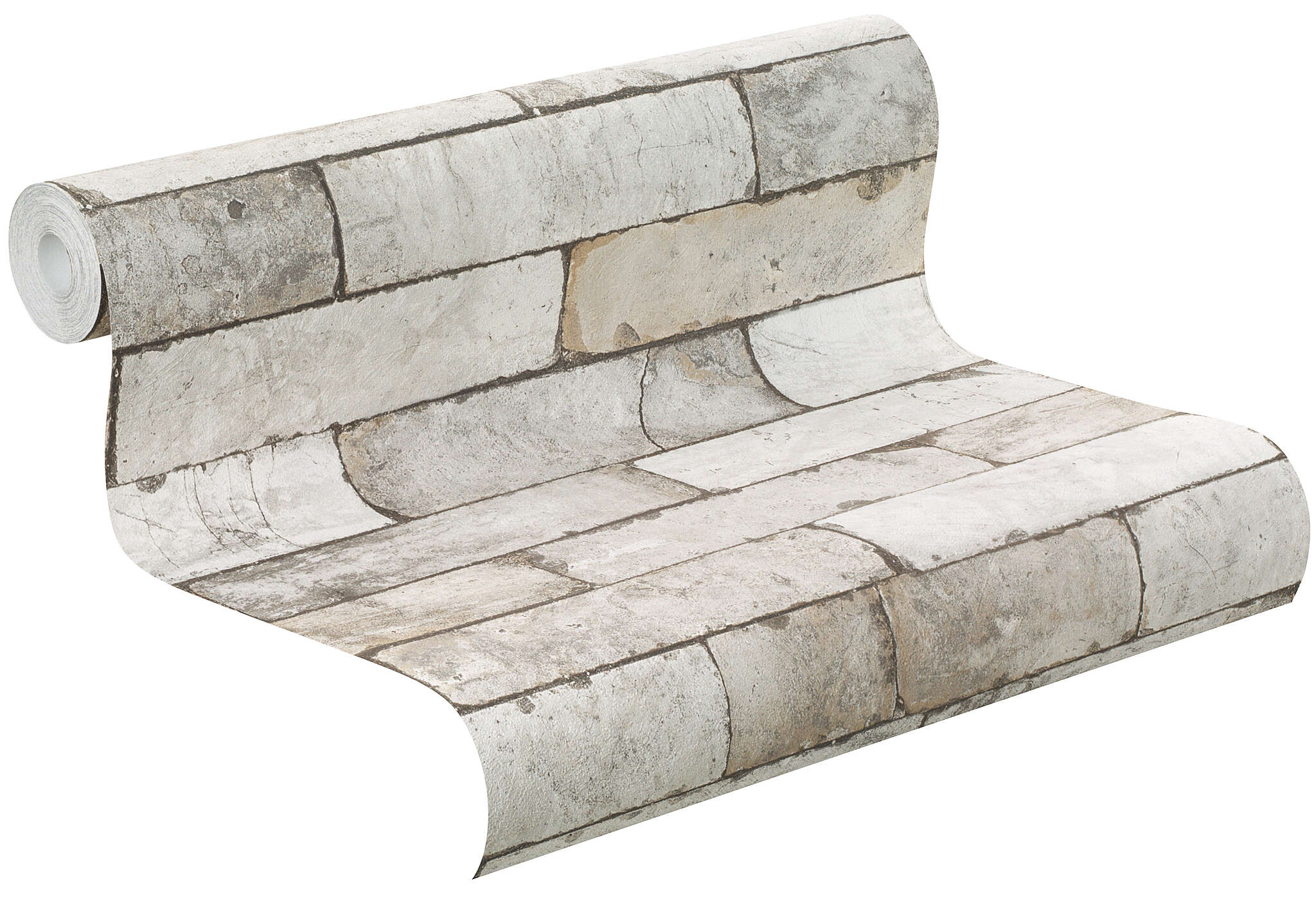 10-446302 Rolle abgerollt 1 Unrolled wallpaper roll with Grey non-woven wallpaper with realistic brick pattern in a vintage look.