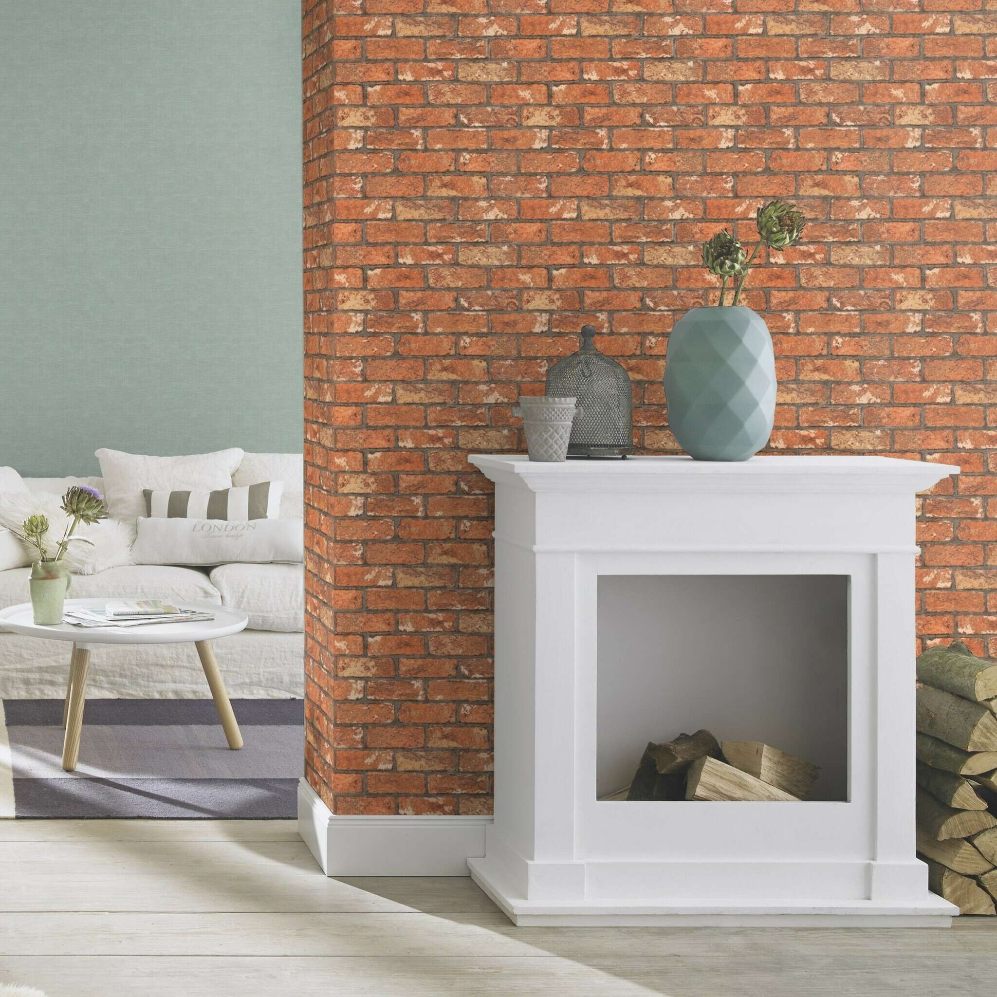 10-278217 Raumsituationen 3 Room with Wallpaper with rustic brick pattern in warm red-orange with slightly aged surface