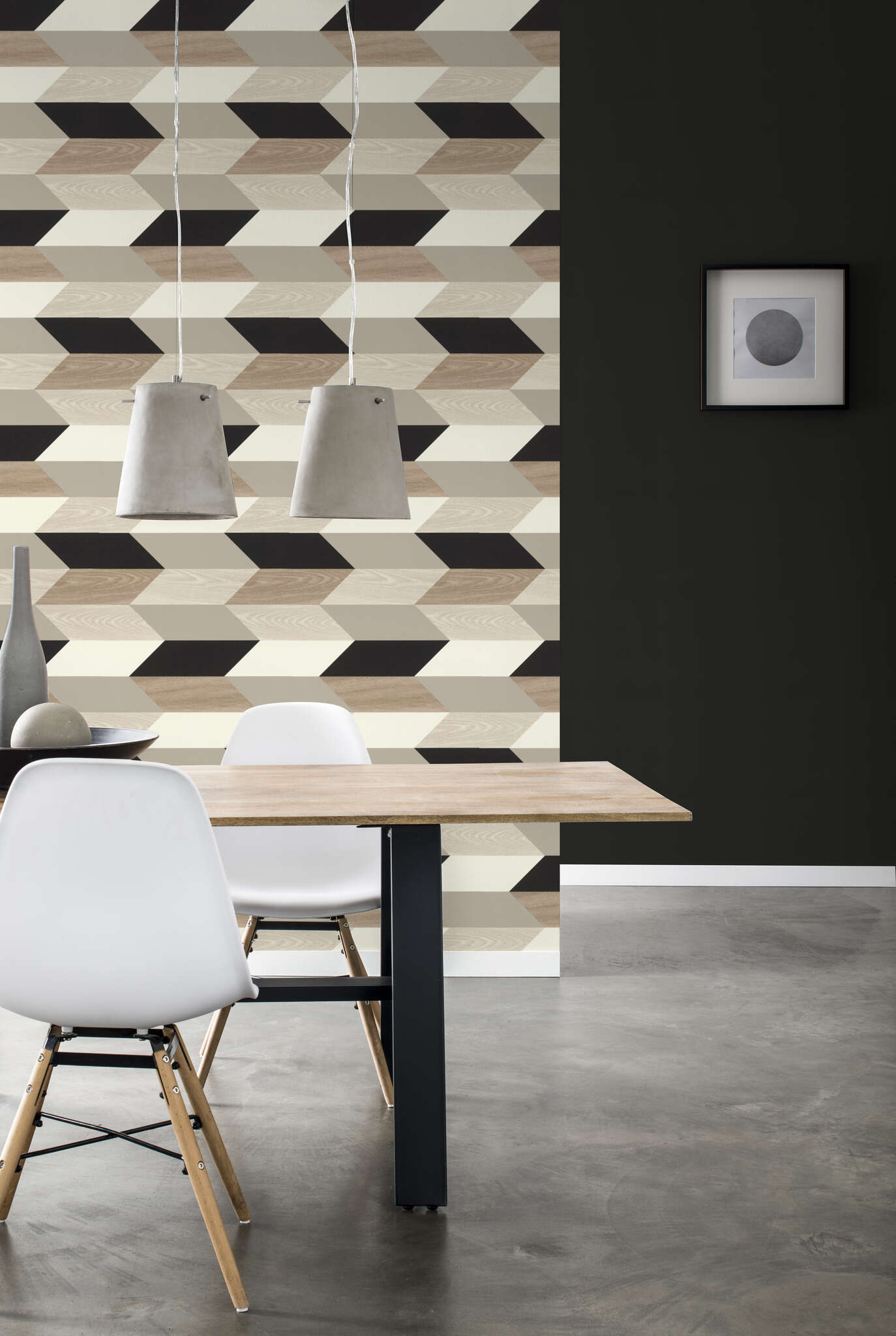10-638554 Raumsituationen 2 Raum mit Geometrische Tapete mit grafischen Holzmuster