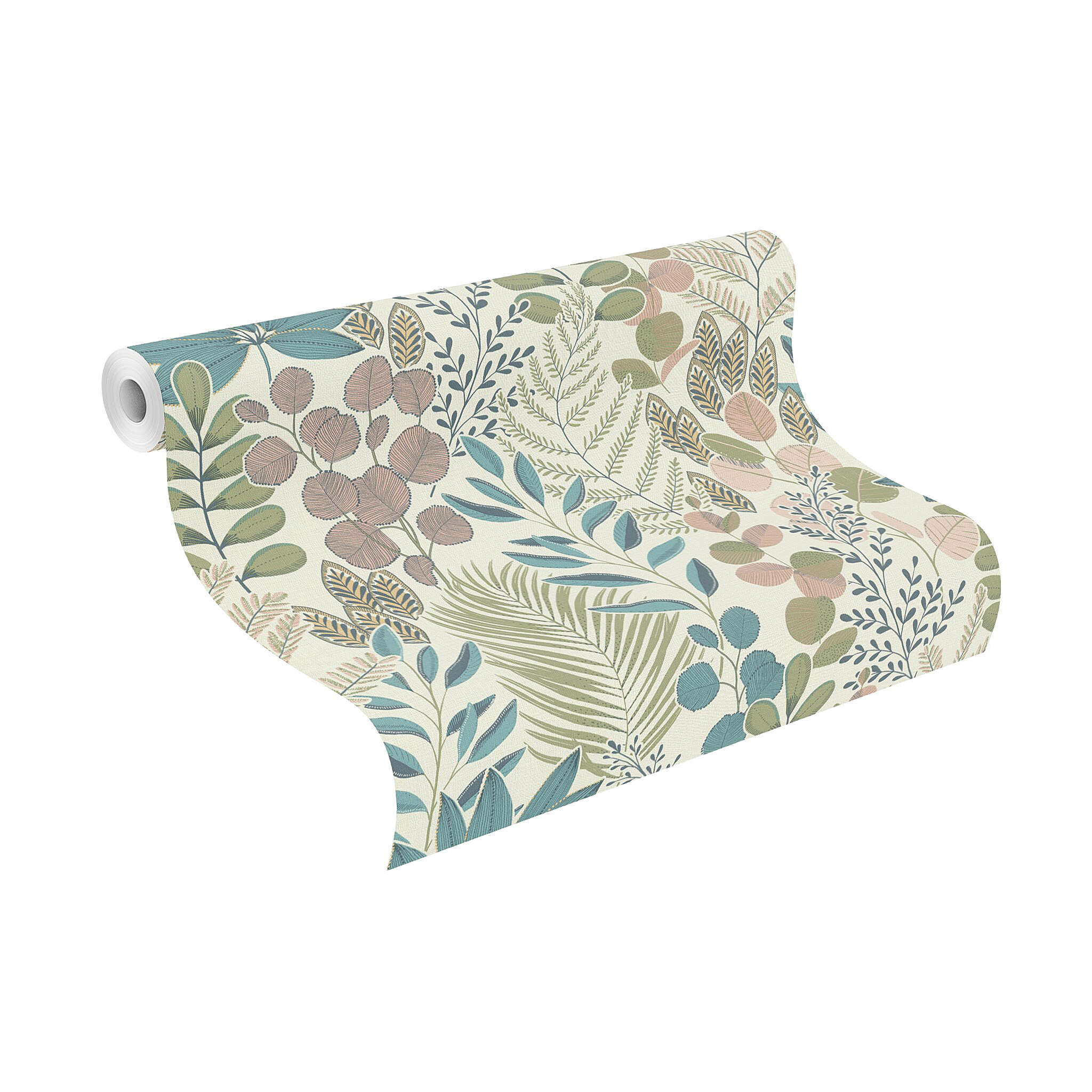 10-465310 Rolle abgerollt 1 Unrolled wallpaper roll with Floral-style illustration with delicate leaves in green, blue, mauve and pink – charming, playful and stylish.