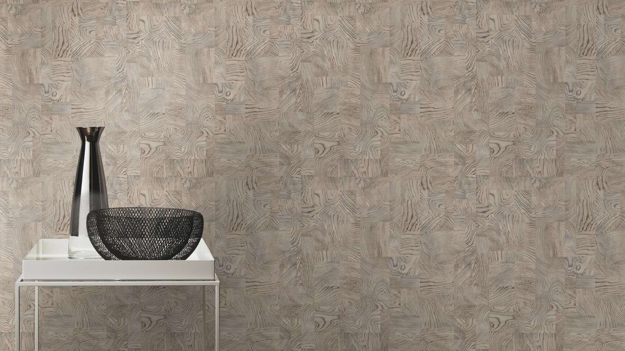 10-751635 Raumsituationen 2 Une chambre avec Papier peint à l'aspect bois géométrique et texture fine