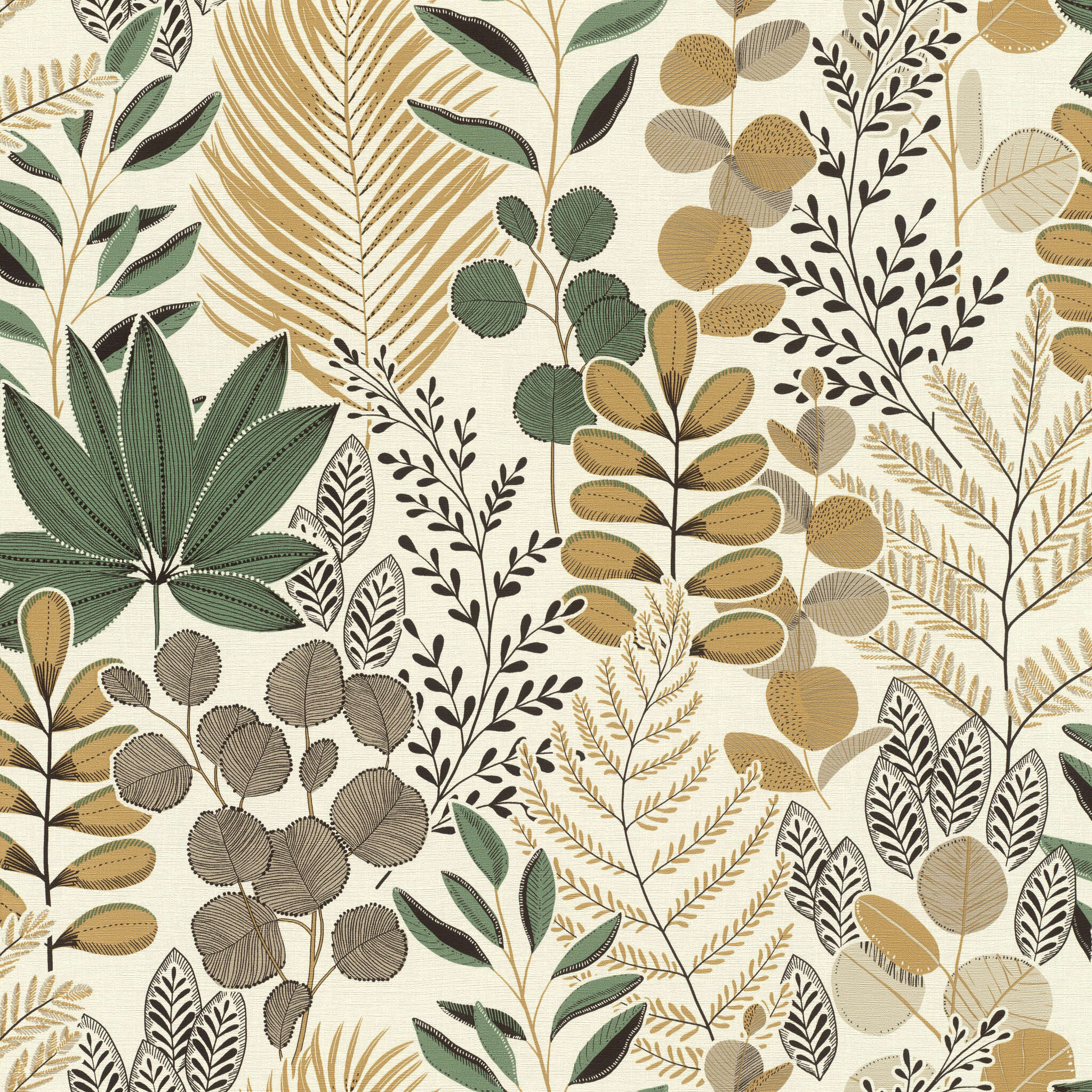 10-465334 Artikelscan 1 Detailed leaf graphic in ochre, green, beige and black on a light background – stylised nature for modern living spaces.