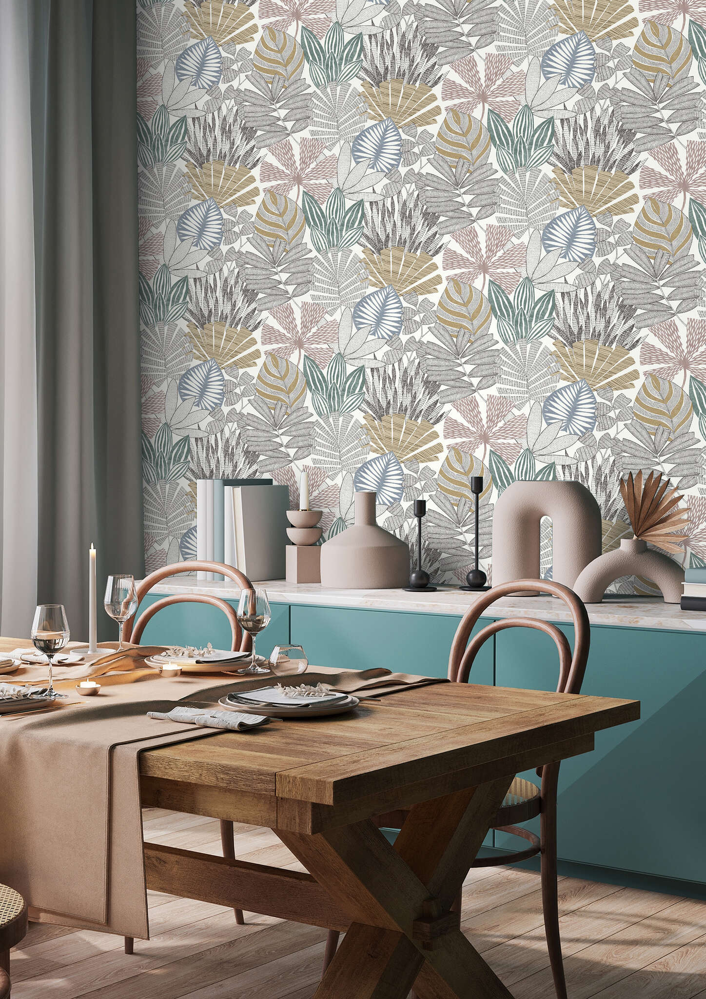 10-868258 Raumbilder 1 Room with Imaginatively arranged leaves in various styles in Rolsa, green and blue