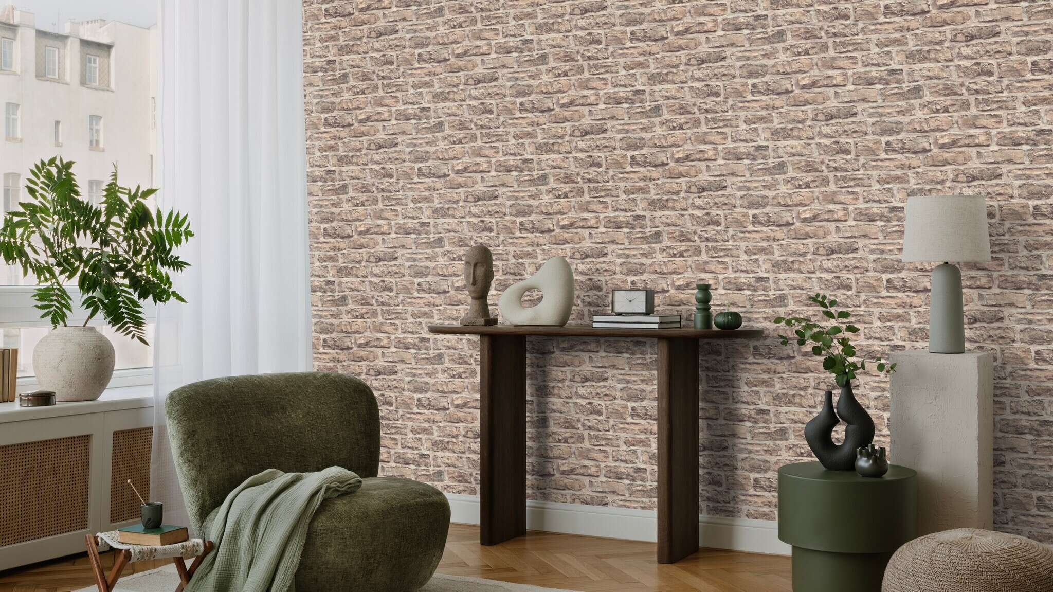 10-498325 Raumsituationen 2 Stone-effect wallpaper in beige Factory VI Brick 498325