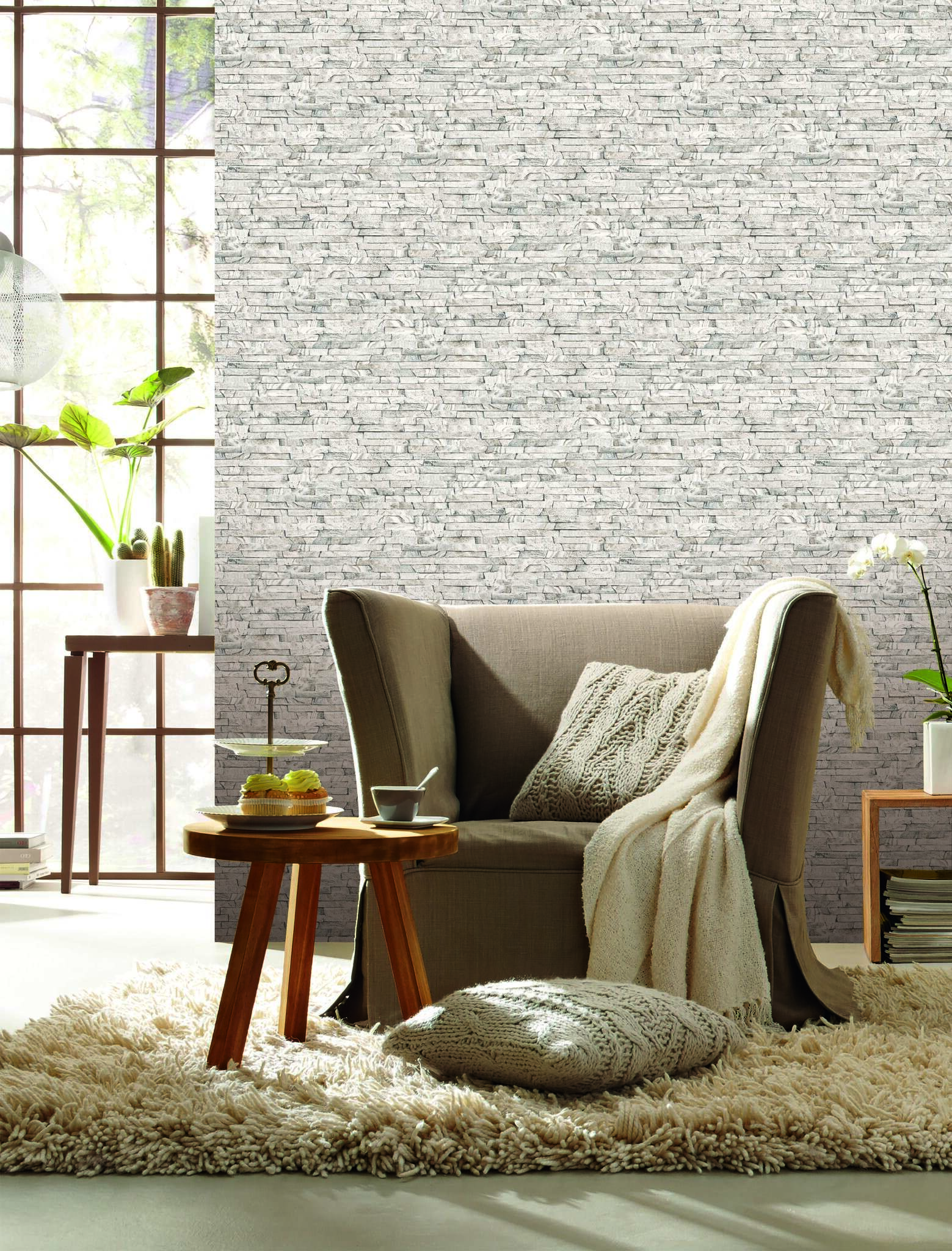 10-278903 Raumsituationen 3 Une chambre avec Papier peint avec un motif plat et superposé de pierres en beige et gris clair pour un look rustique et moderne