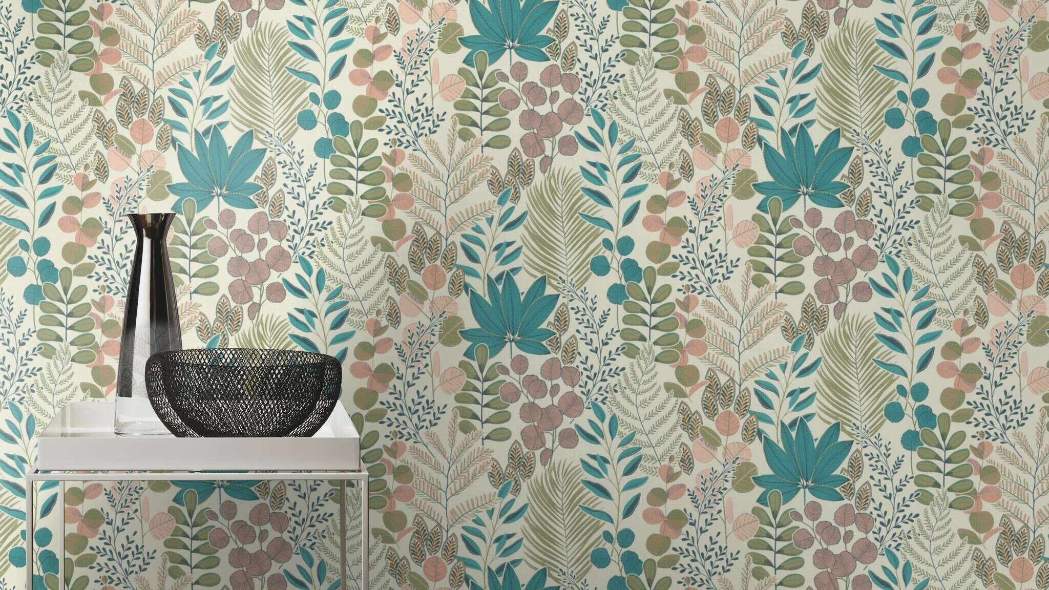 10-465310 Raumsituationen 2 Room with Floral-style illustration with delicate leaves in green, blue, mauve and pink – charming, playful and stylish.
