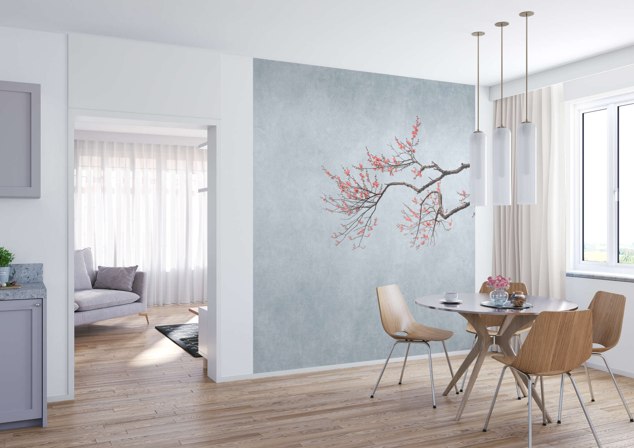 Esszimmer mit 362800 - Wandbild - Kirschblüten-Zweig auf blau-grauem Hintergrund magicwalls photo wallpaper 362800