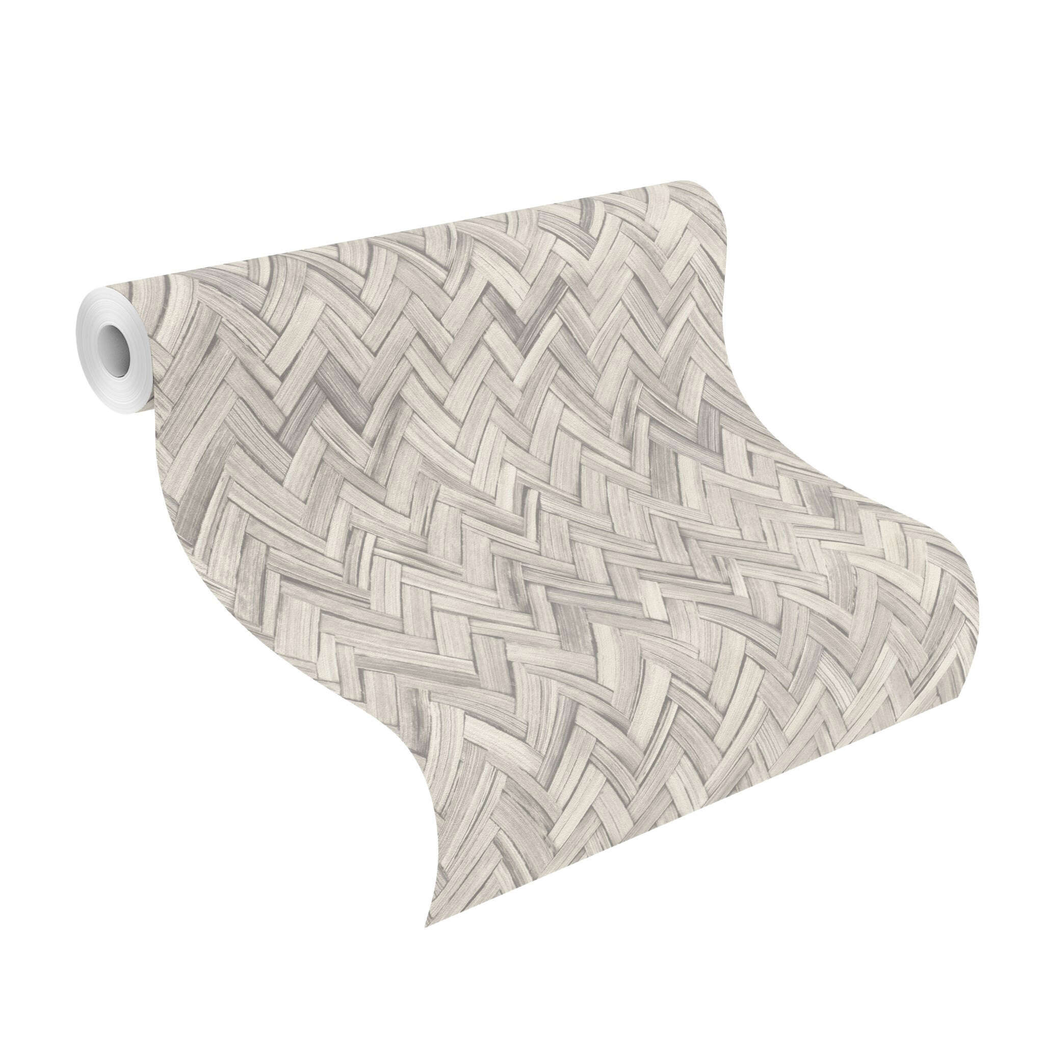 10-410365 Rolle abgerollt 1 Unrolled wallpaper roll with Grey non-woven wallpaper with a natural bamboo look in a herringbone pattern – modern and textured.