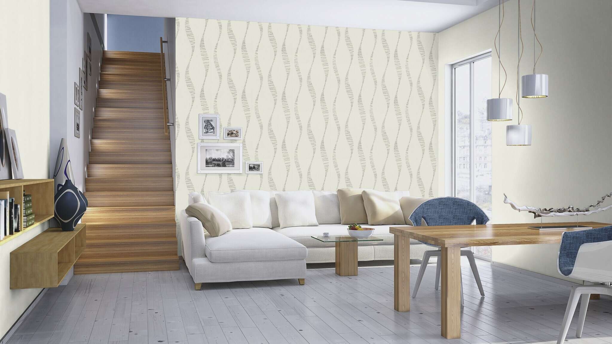 10-809008 Raumsituationen 1 Room with Wallpaper with a vertical texture, fine grooves and a glossy effect