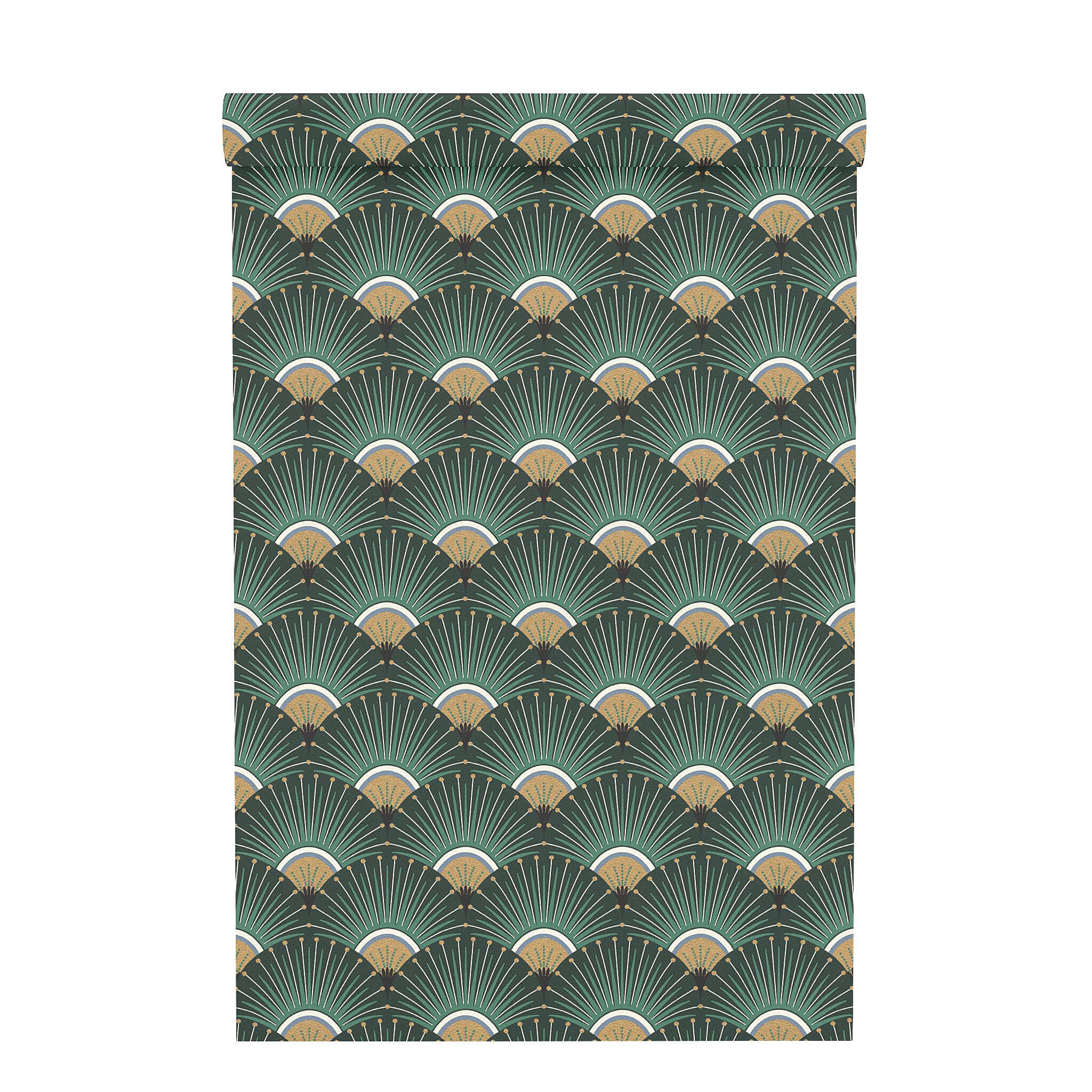 10-637618 Rolle abgerollt 1 Unrolled wallpaper roll with Wallpaper with stylised peacock fan in Art Deco style