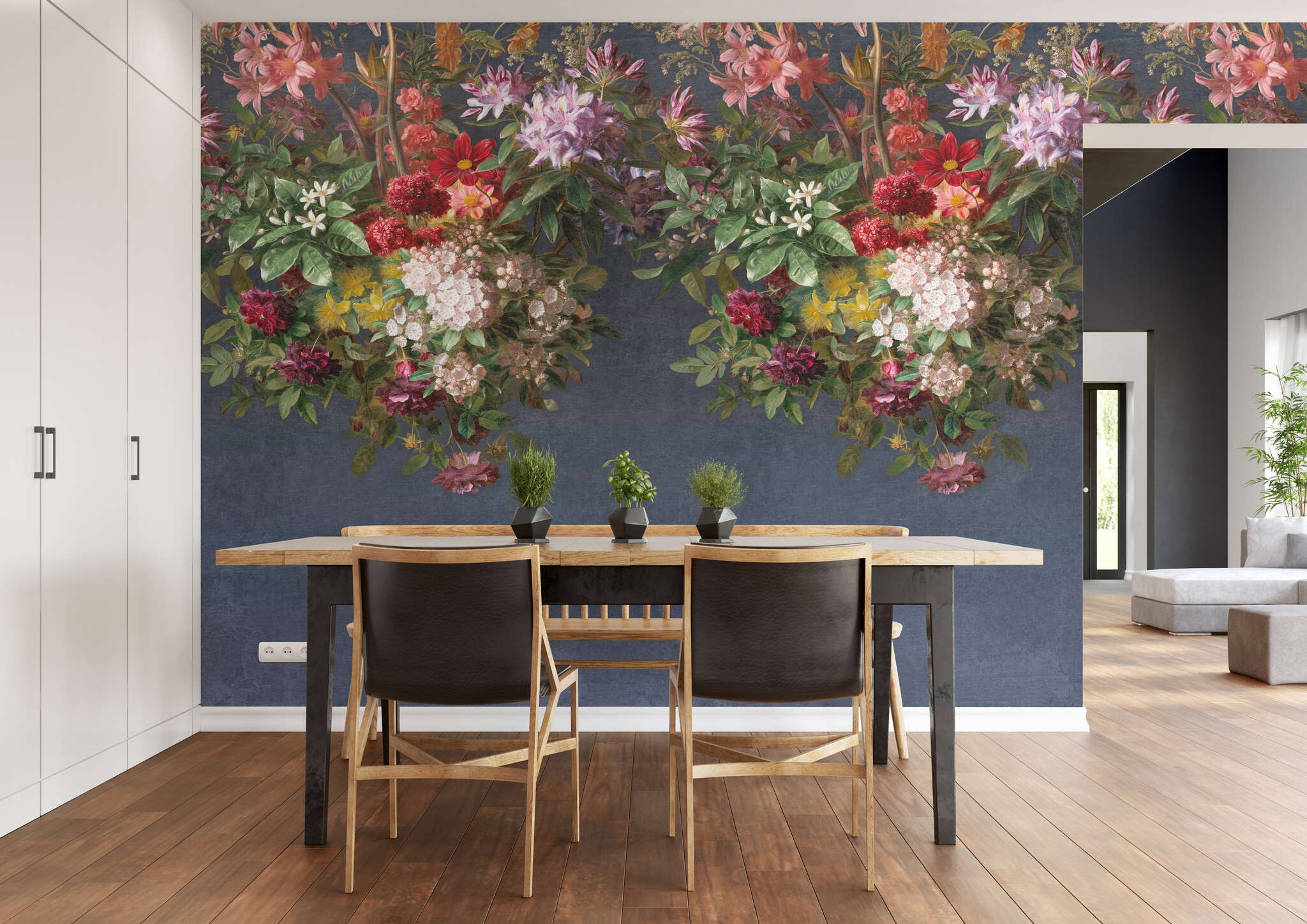 Esszimmer mit 360998 - Wandbild - Blütenpracht in kräftigen Farben auf blauem Hintergrund magicwalls Papier peint 360998