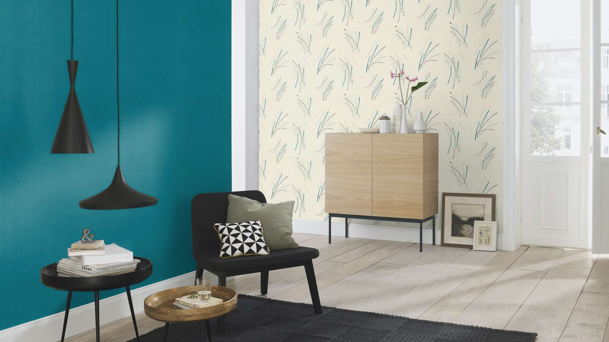 10-735024 Raumsituationen 3 Room with Wallpaper with curved lines and textile texture
