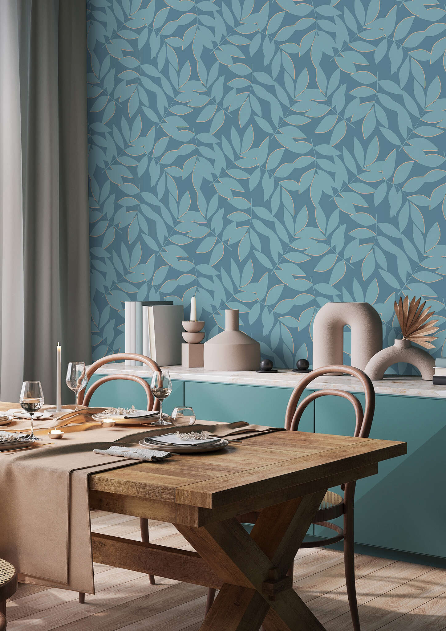 10-868418 Raumbilder 1 Raum mit Stilisierte Blätter in leuchtendem Türkis auf blauem Hintergrund mit hellbraunene Akzenten