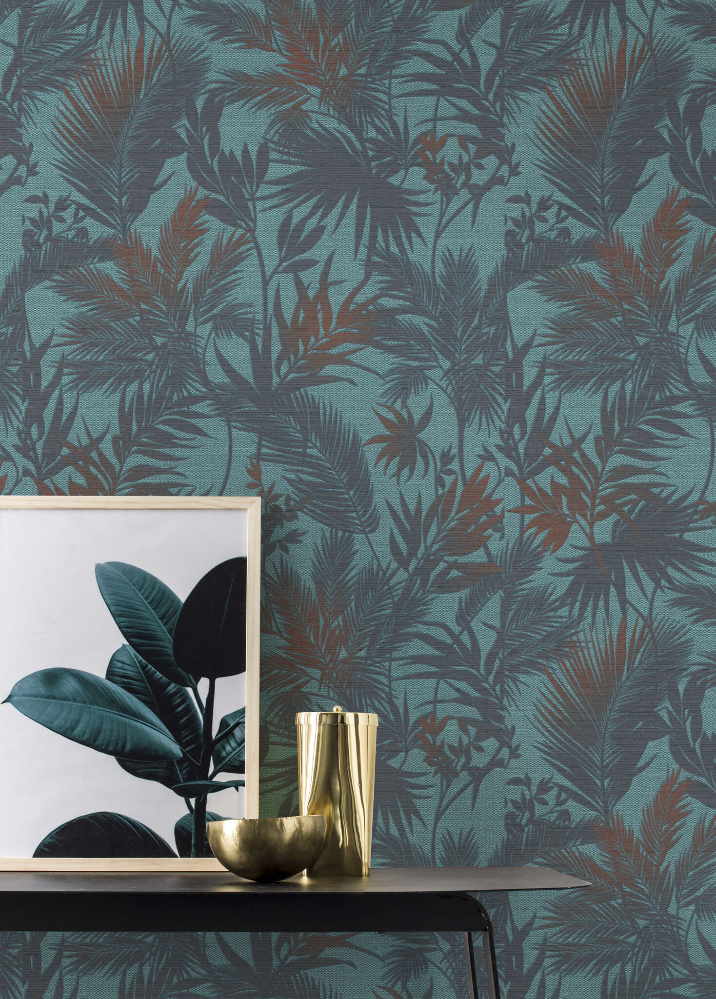 10-704143 Raumsituationen 2 Palm leaves non-woven wallpaper in turquoise 704143