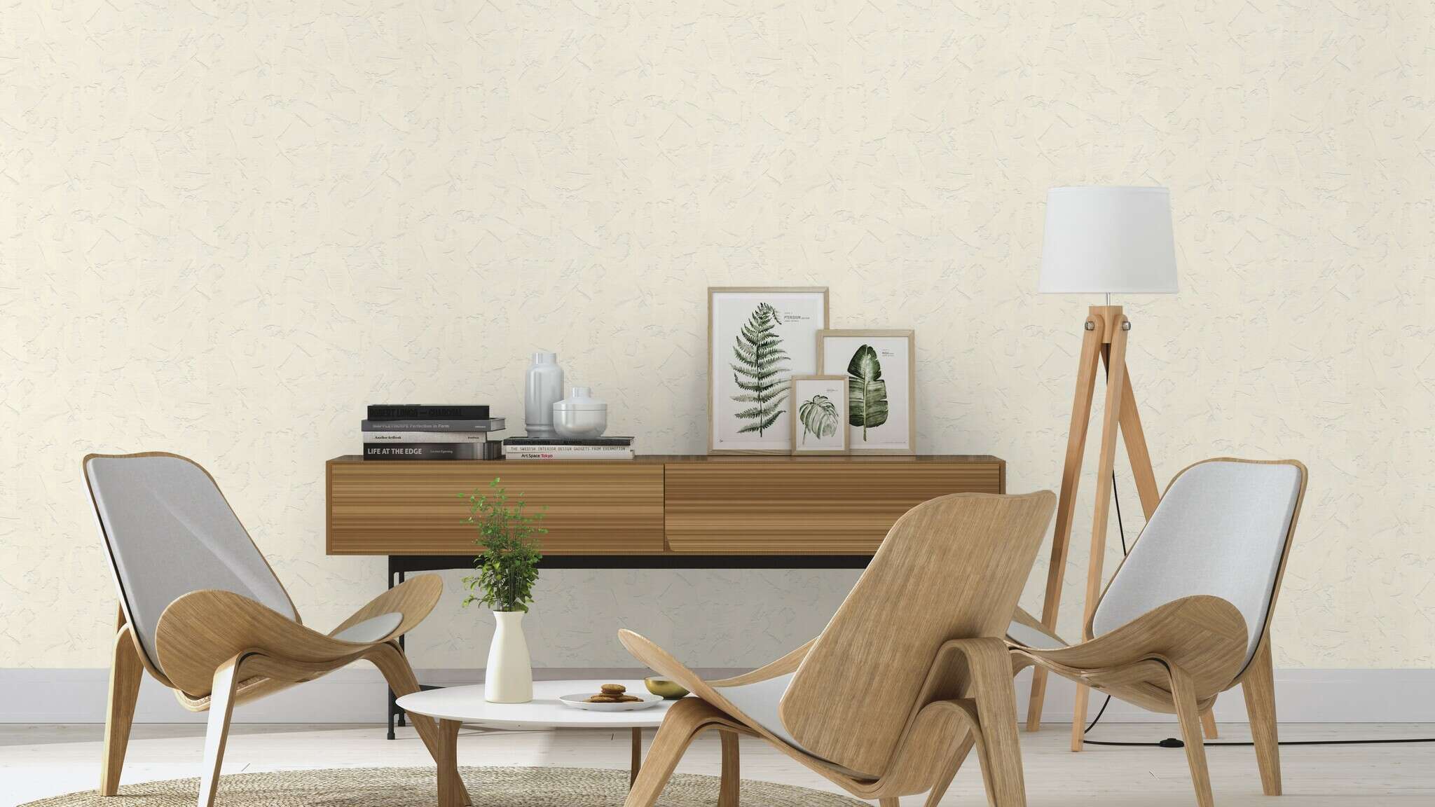 10-483376 Raumsituationen 4 Non-woven wallpaper with plaster texture in cream white 483376