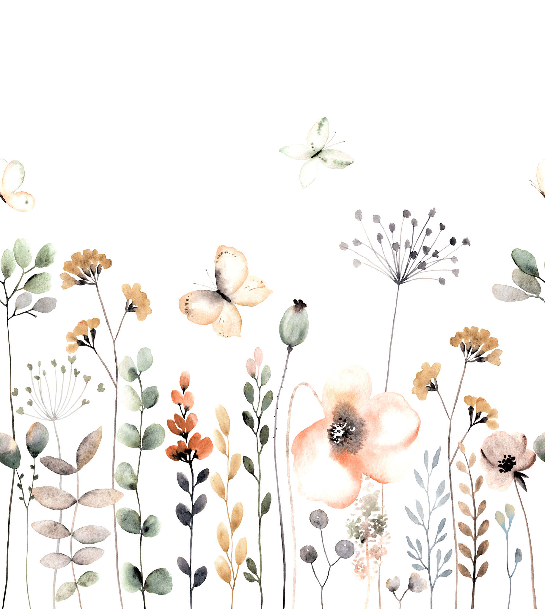 253283 - Wandbild - Blumenwiese in zartem Aquarell rosé/petrol Fototapete Blumenwiese in Grün - Bambino XIX 253283