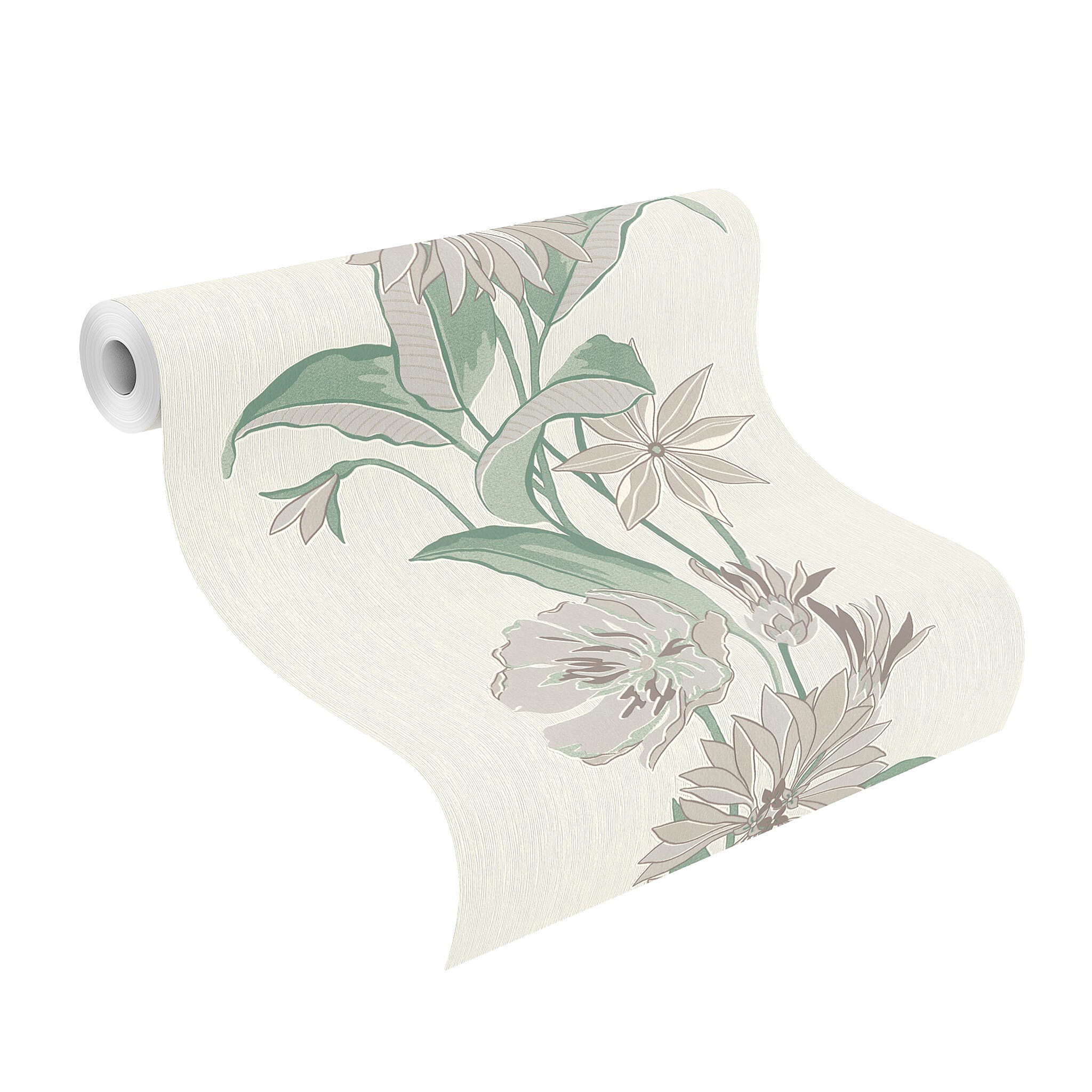 10-508277 Rolle abgerollt 1 Non-woven wallpaper in white with green floral tendrils 508277