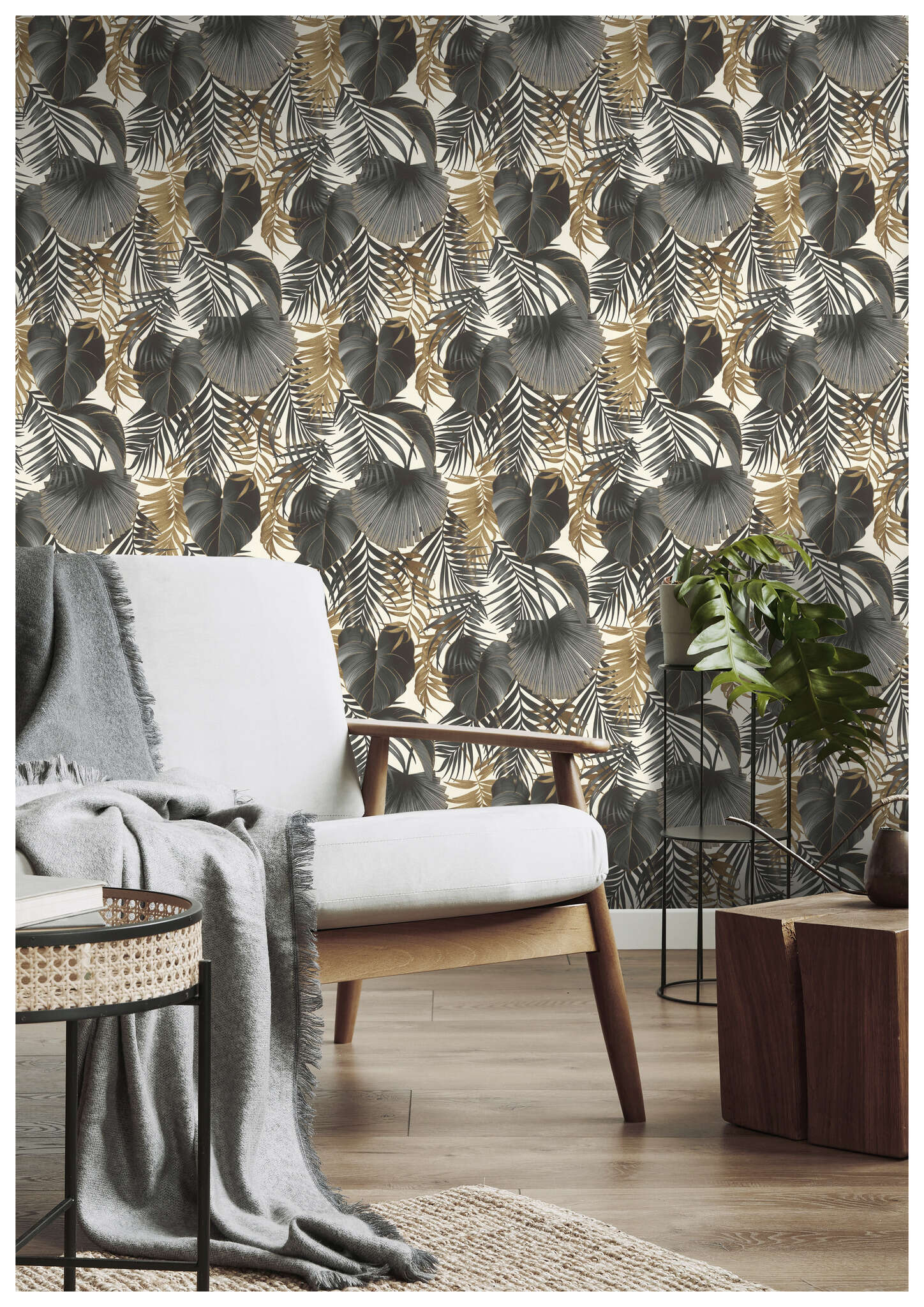 10-462050 Raumsituationen 3 Une chambre avec Motif jungle élégant avec des feuilles dorées et anthracite sur fond clair