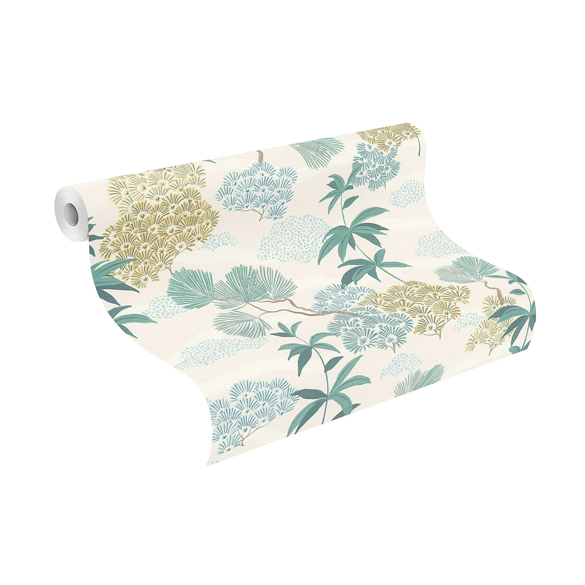 10-792515 Rolle abgerollt 1 Unrolled wallpaper roll with Wallpaper with bamboo plants and fantasy flowers