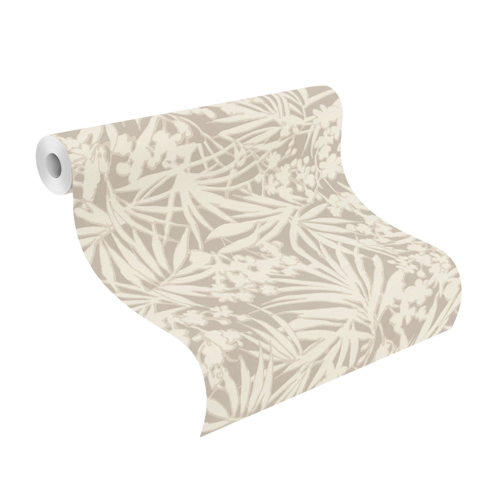 10-330311 Rolle abgerollt 1 Rollenabbildung mit Tapete mit tropischem Blattmotiv in hellem Taupe – zurückhaltend, ruhig und stilvoll kombinierbar.