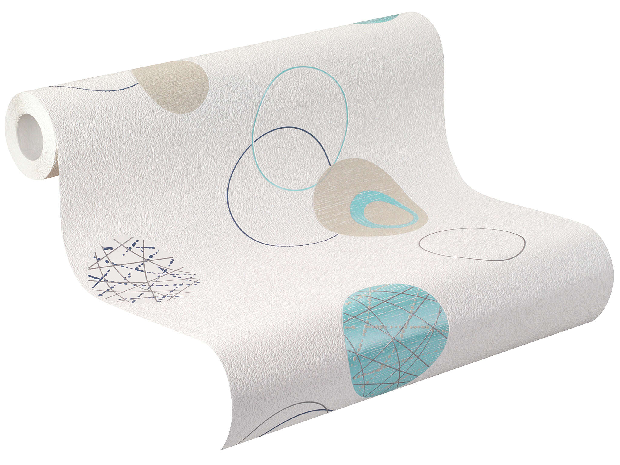 10-475913 Rolle abgerollt 1 Unrolled wallpaper roll with Playful, modern pattern with circles in light blue, beige and grey on a white background