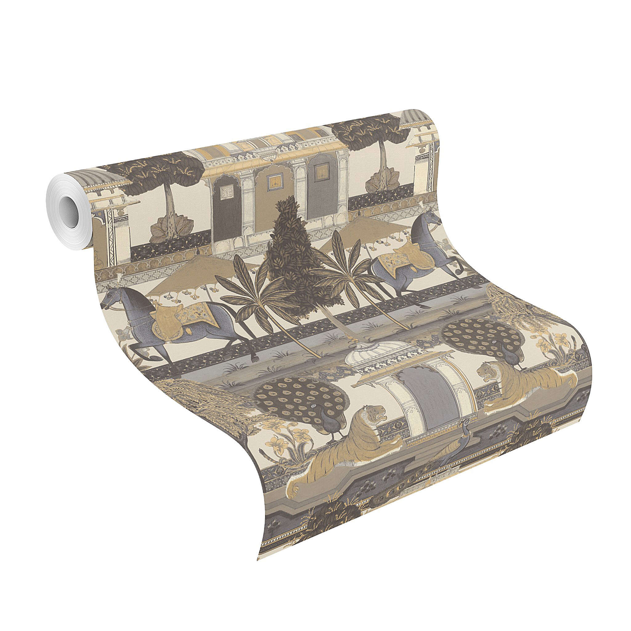 10-746228 Rolle abgerollt 1 Unrolled wallpaper roll with Oriental wallpaper with animals in a symmetrical arrangement