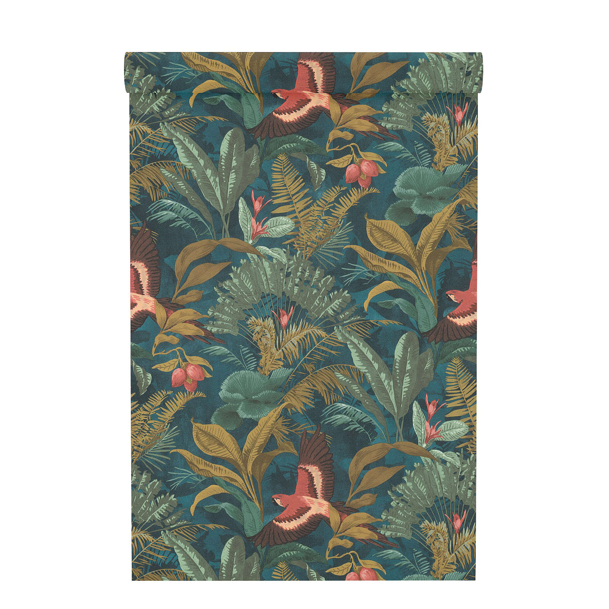10-639216 Rolle abgerollt 1 Unrolled wallpaper roll with Exotic wallpaper with tropical plants and parrots