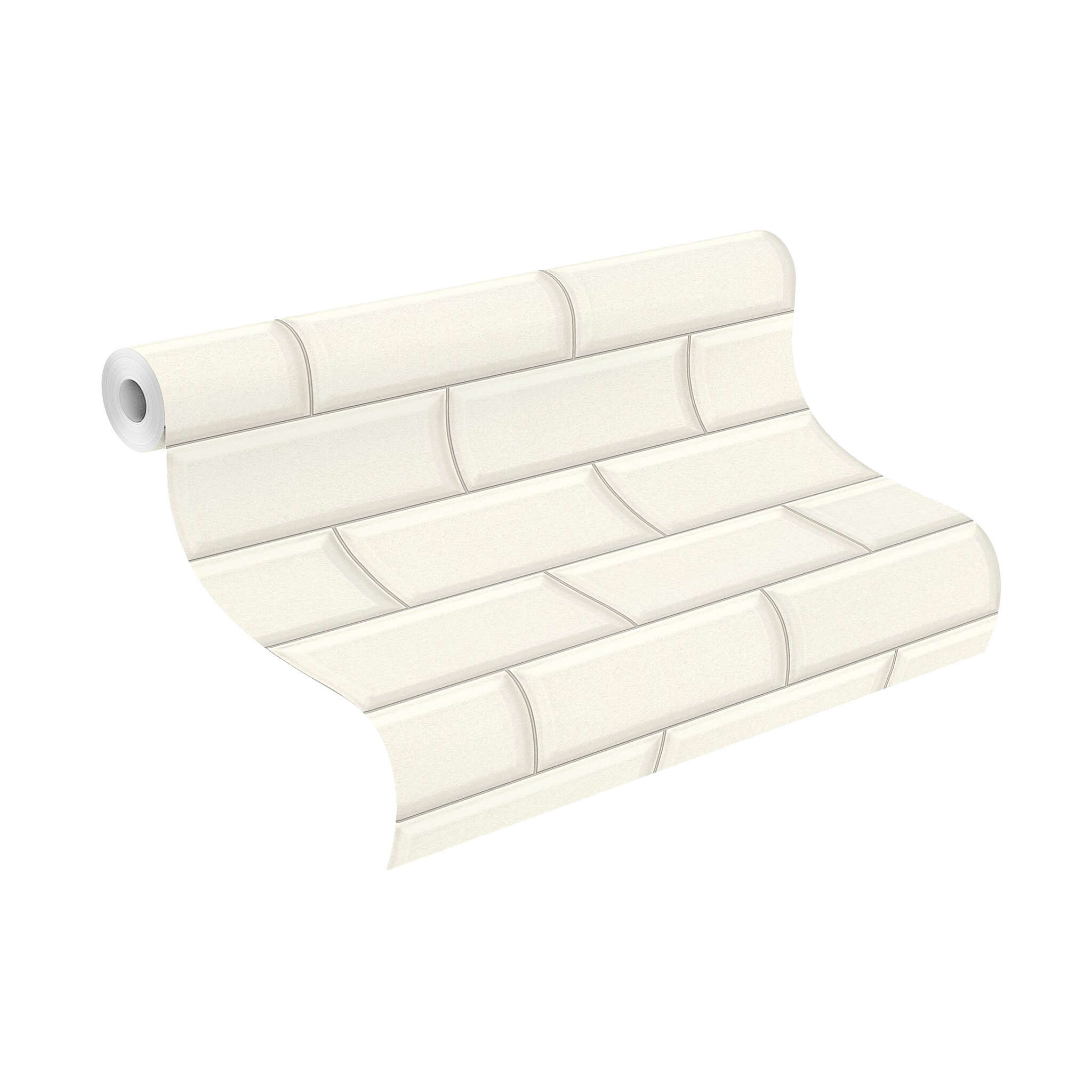 10-429978 Rolle abgerollt 1 Unrolled wallpaper roll with Non-woven wallpaper with a glossy tile look in classic white.
