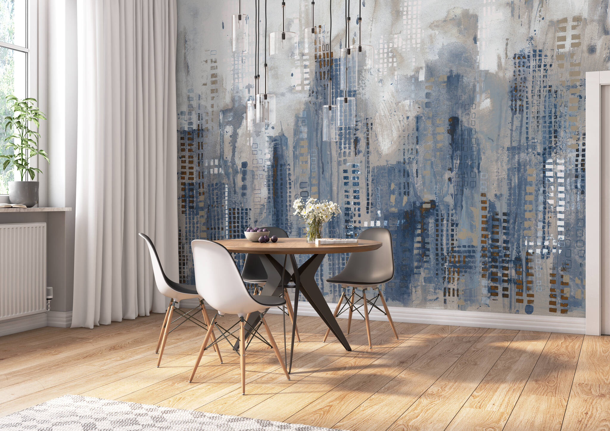 Esszimmer mit Wandbild - Abstrakte Hochhaus-Skyline in Blau & Grau