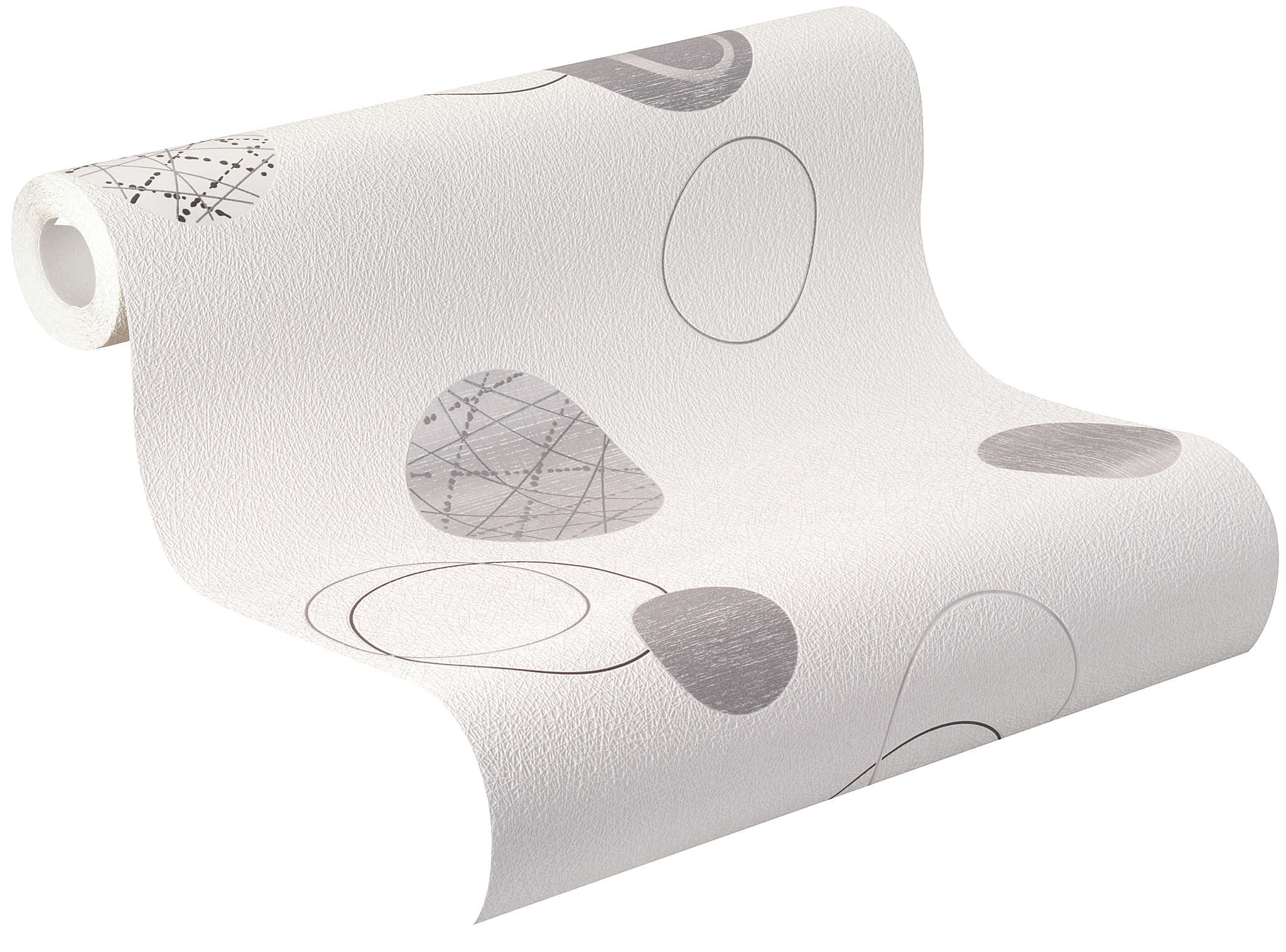 10-475906 Rolle abgerollt 1 Unrolled wallpaper roll with Graphic dot design in grey, anthracite and silver on a white background