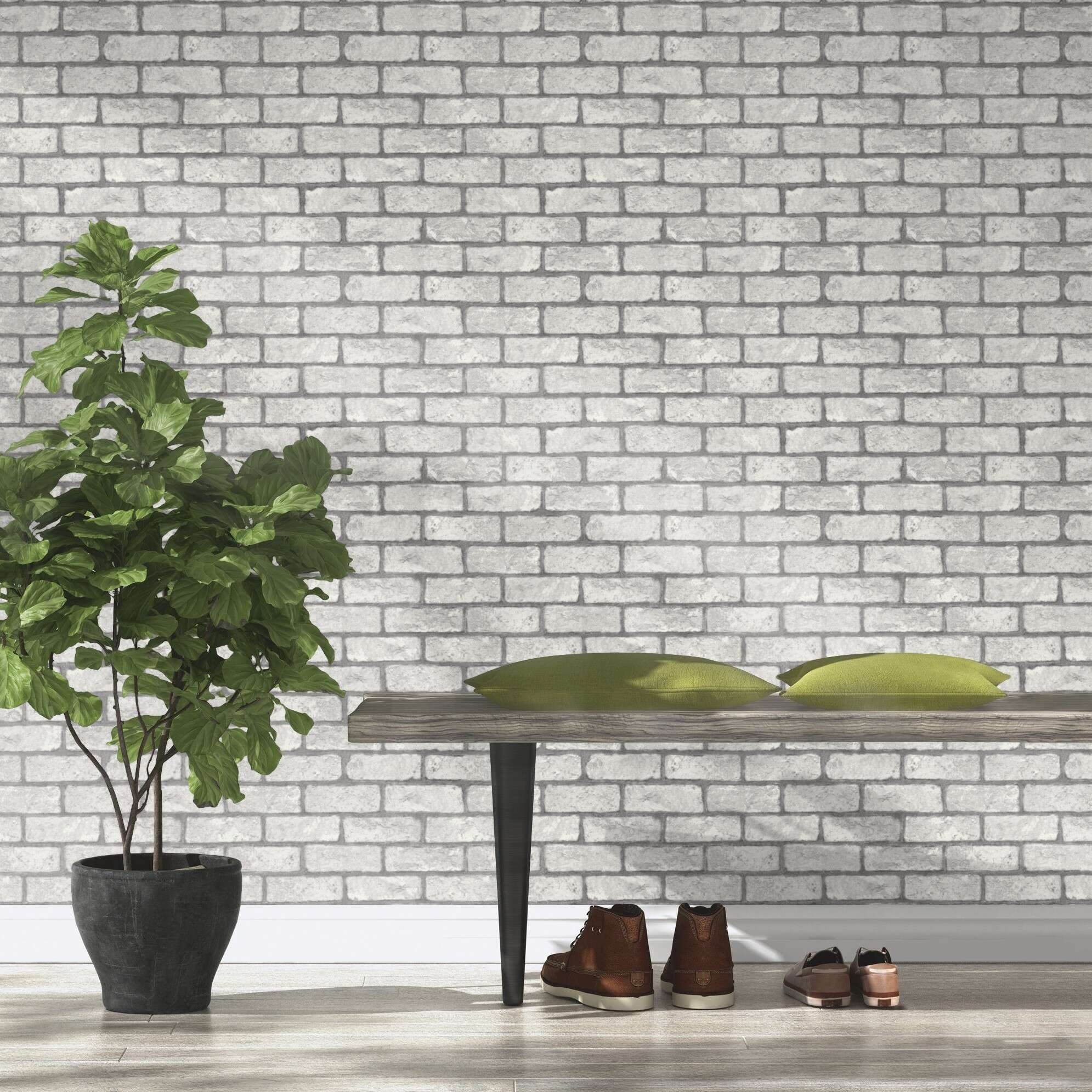 10-278200 Raumsituationen 3 Raum mit Tapete mit realistischer Ziegelstruktur in verschiedenen Grautönen für einen modernen Loft-Look