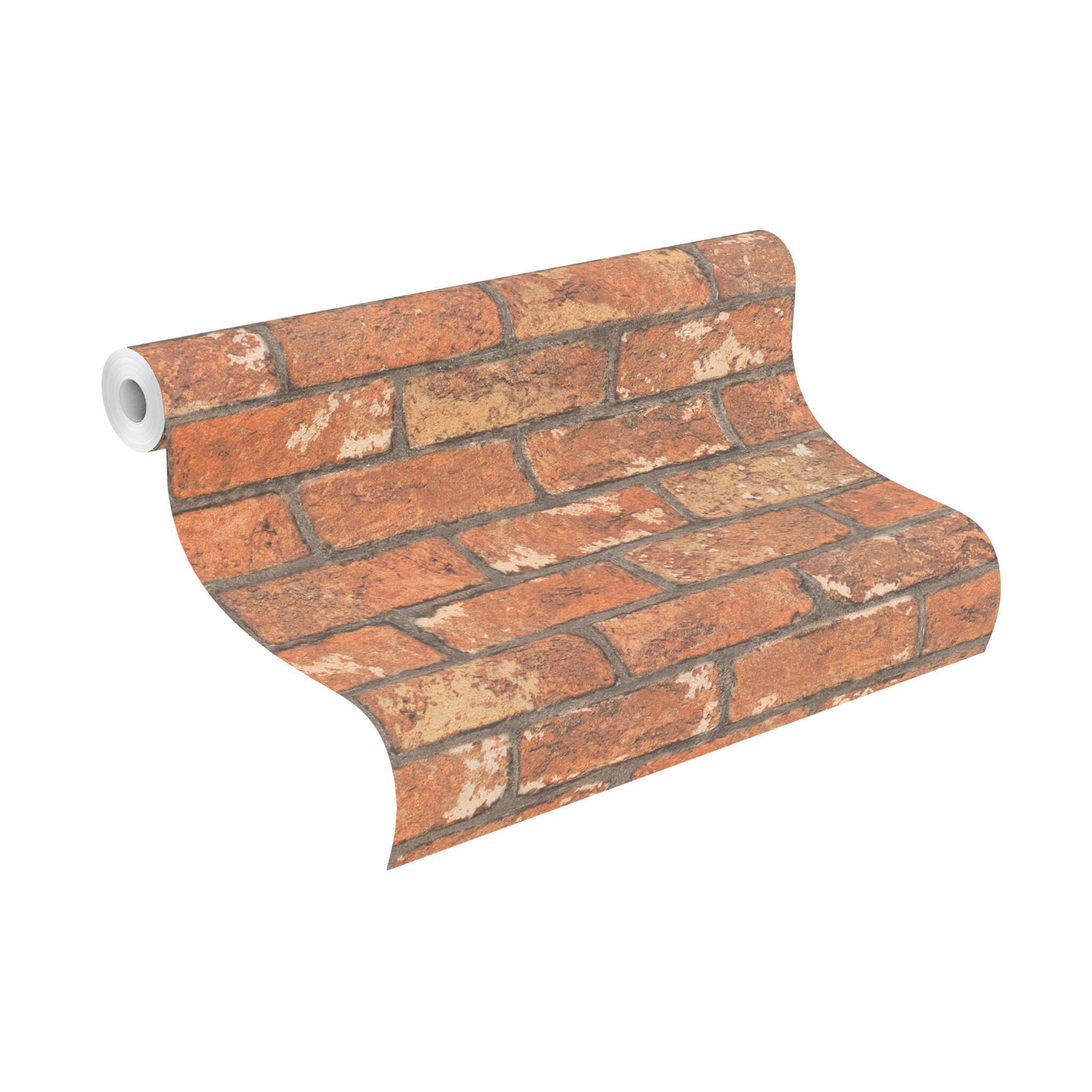 10-278217 Rolle abgerollt 1 Unrolled wallpaper roll with Wallpaper with rustic brick pattern in warm red-orange with slightly aged surface