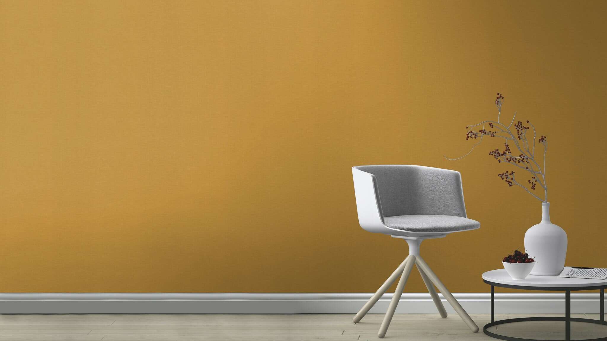 10-452075 Raumsituationen 7 Room with Striking non-woven wallpaper in rich mustard yellow with a light texture – brings warmth and colour to the room.