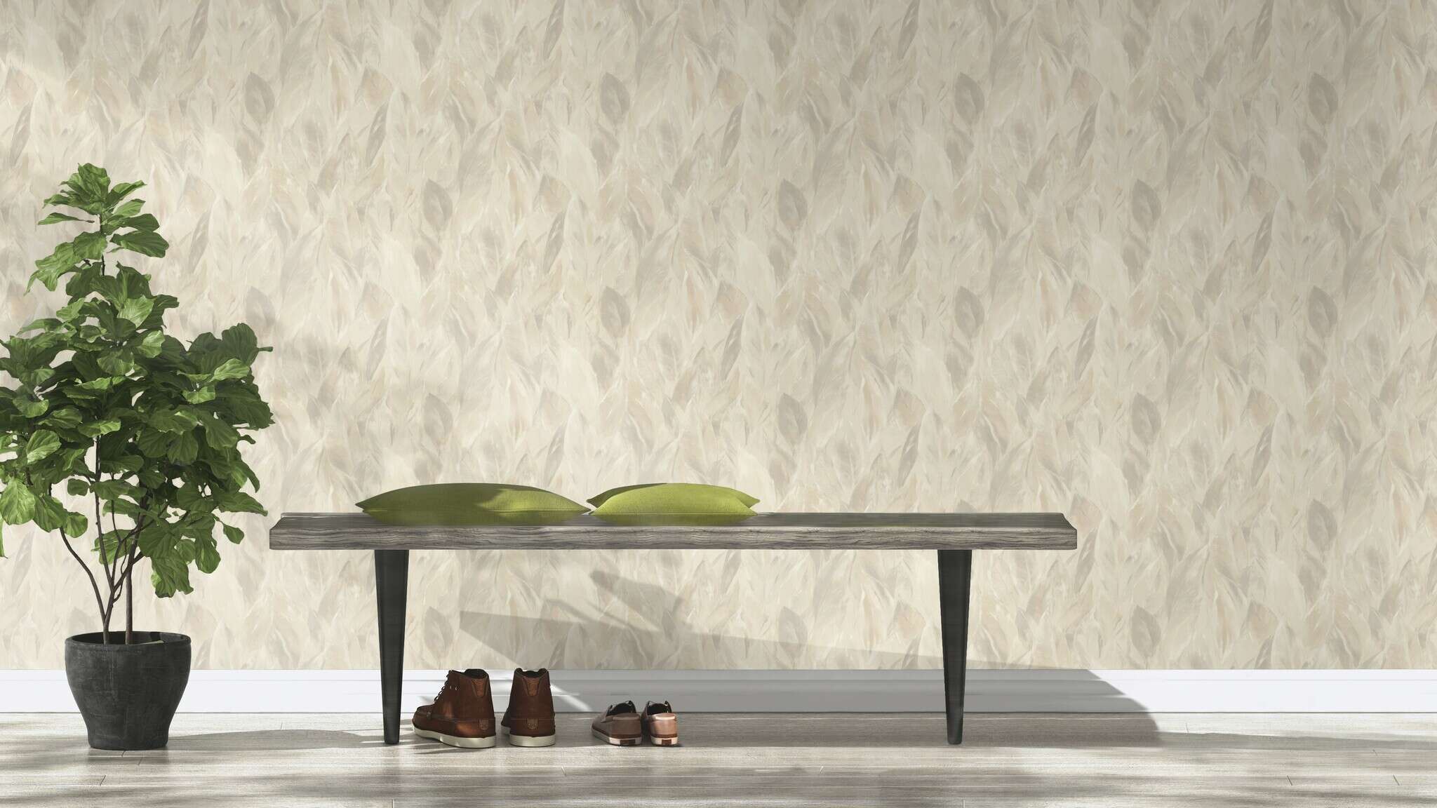 10-537338 Raumsituationen 3 Room with Large leaves in various shades of beige and grey are evenly distributed across the wall