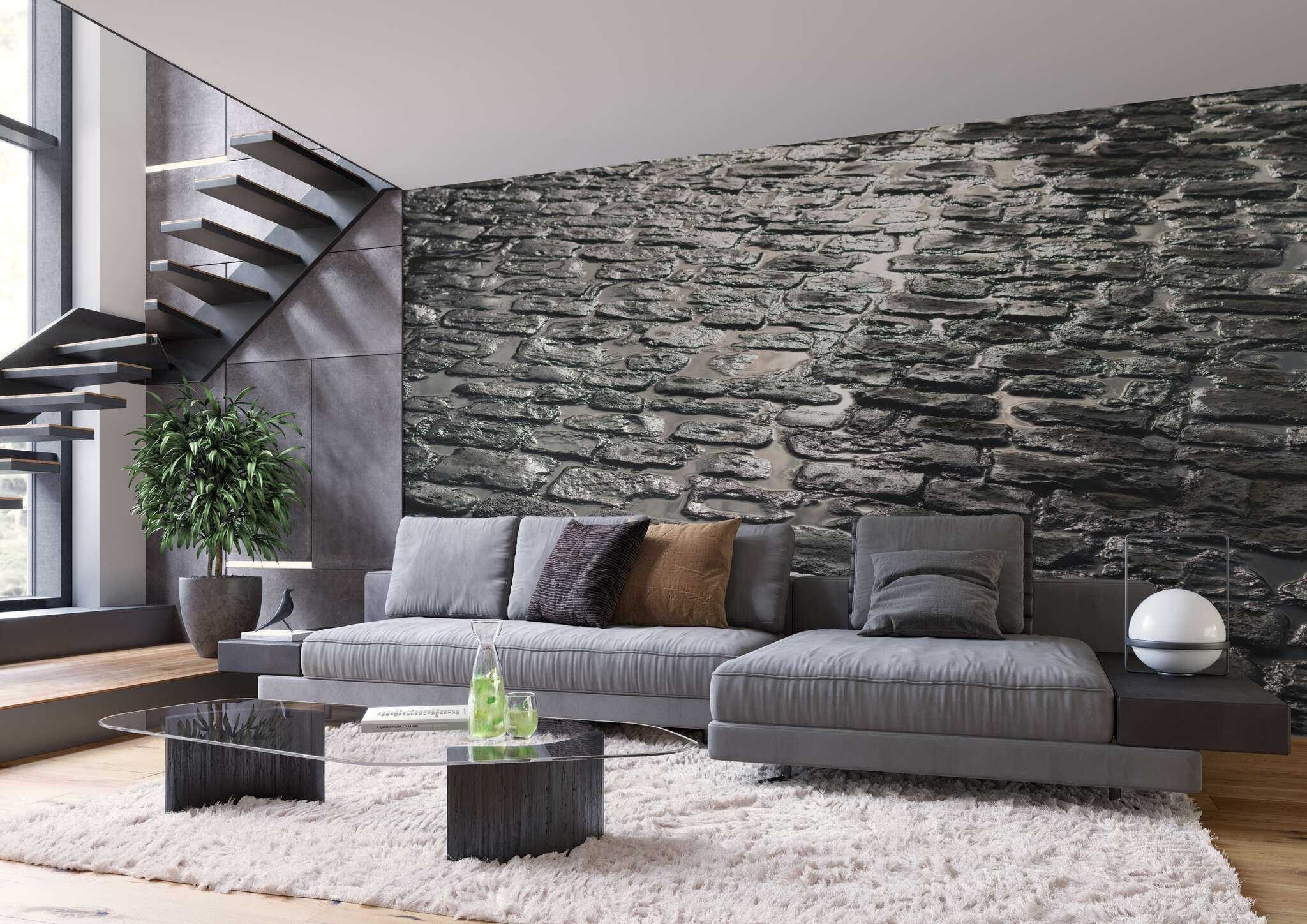 Wohnzimmer mit 363708 - Fototapete - Straßenpflaster in dunkelgrau magicwalls Papier peint photo aspect pierre gris 363708