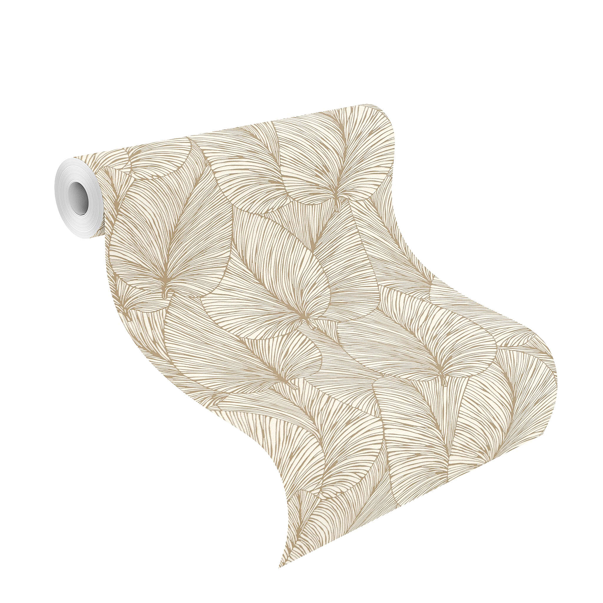 10-456622 Rolle abgerollt 1 Unrolled wallpaper roll with Nature-inspired non-woven wallpaper with large leaf motif in soft beige – ideal for cosy accents.