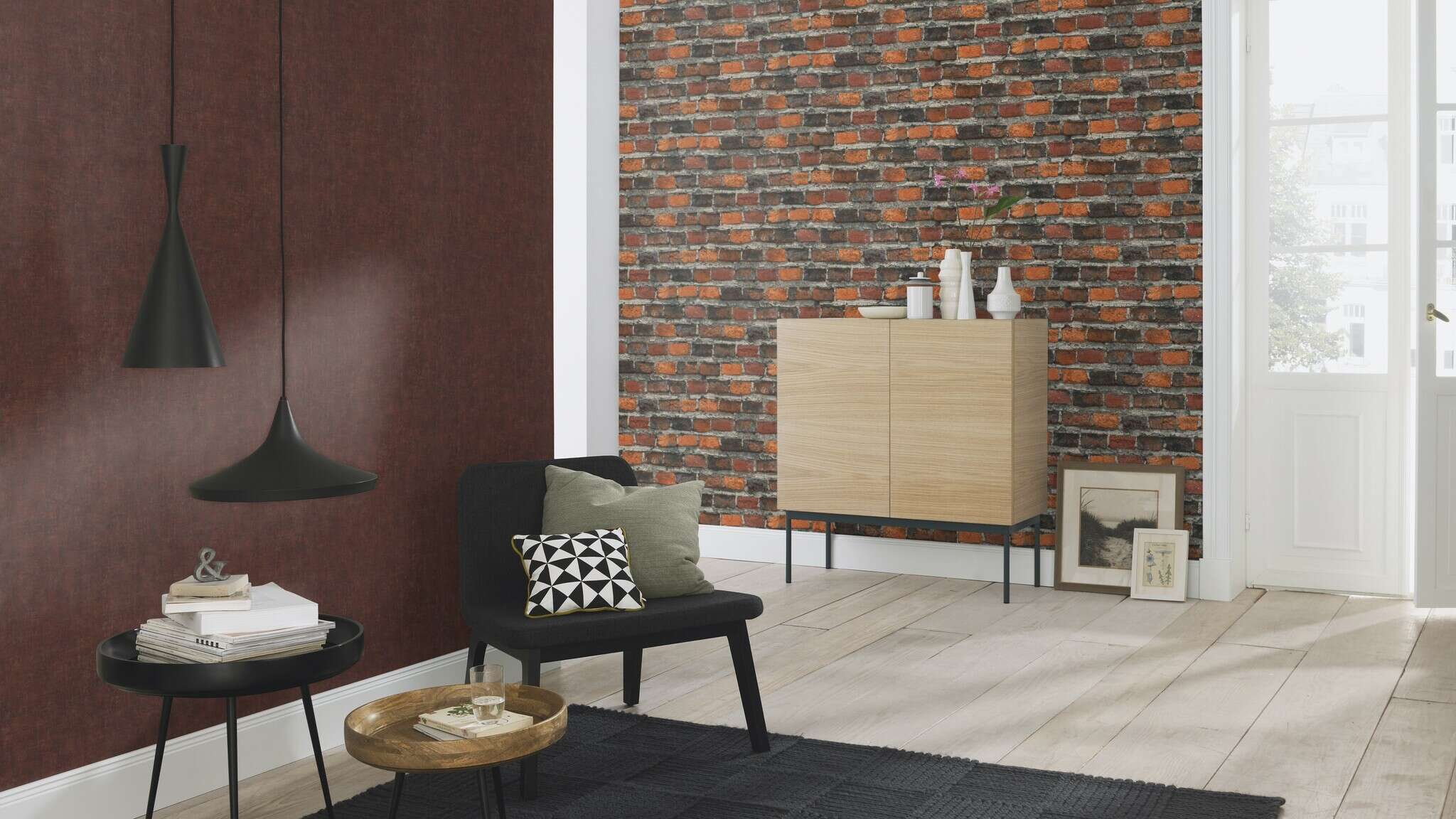 10-428063 Raumsituationen 5 Room with Non-woven wallpaper with classic brick pattern in reddish-brown shades.