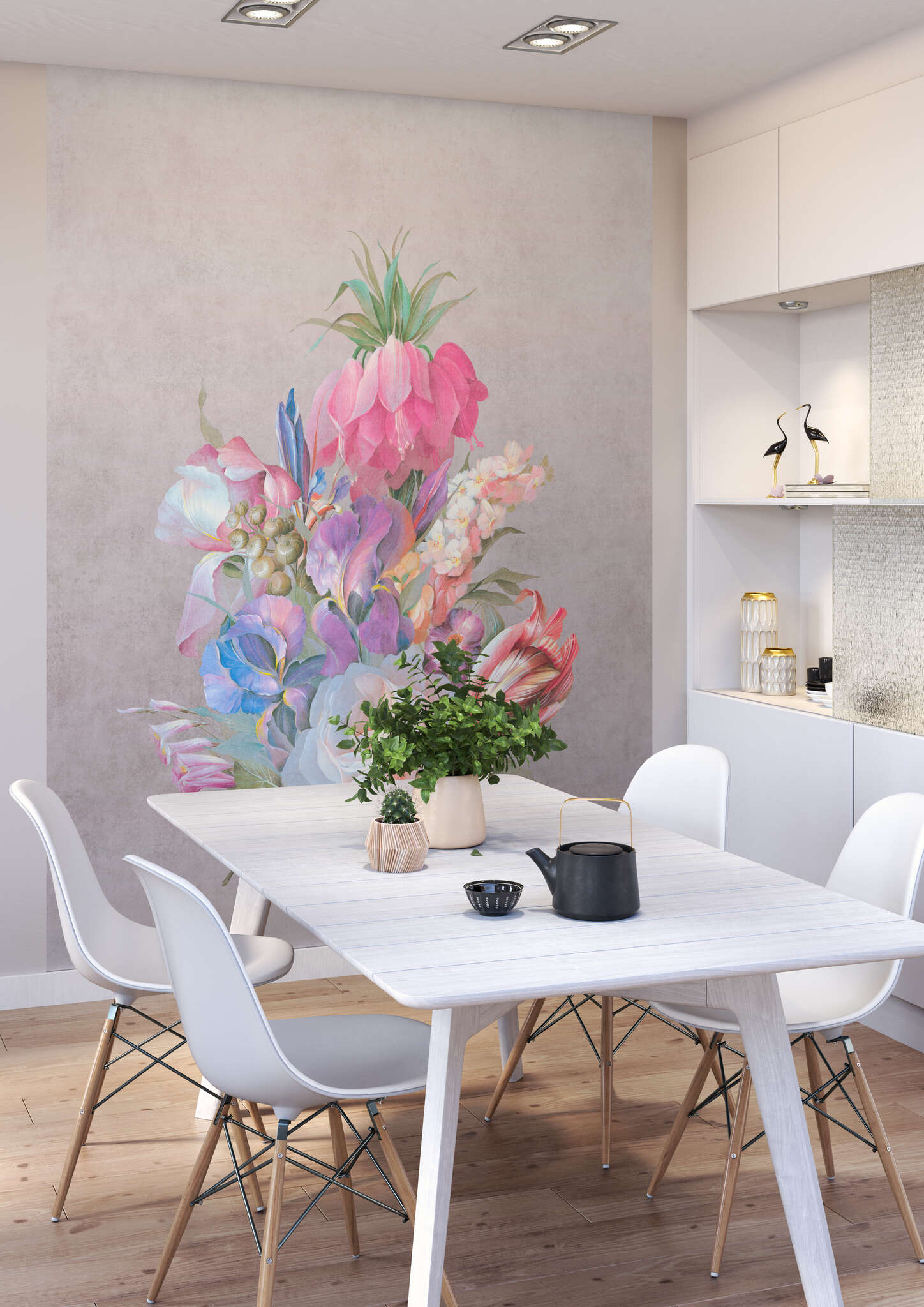 Wohnzimmer mit 361056 - Wandbild - Überdimensionales Blumenbouquet auf brau-beigem Grund magicwalls Papier peint 361056