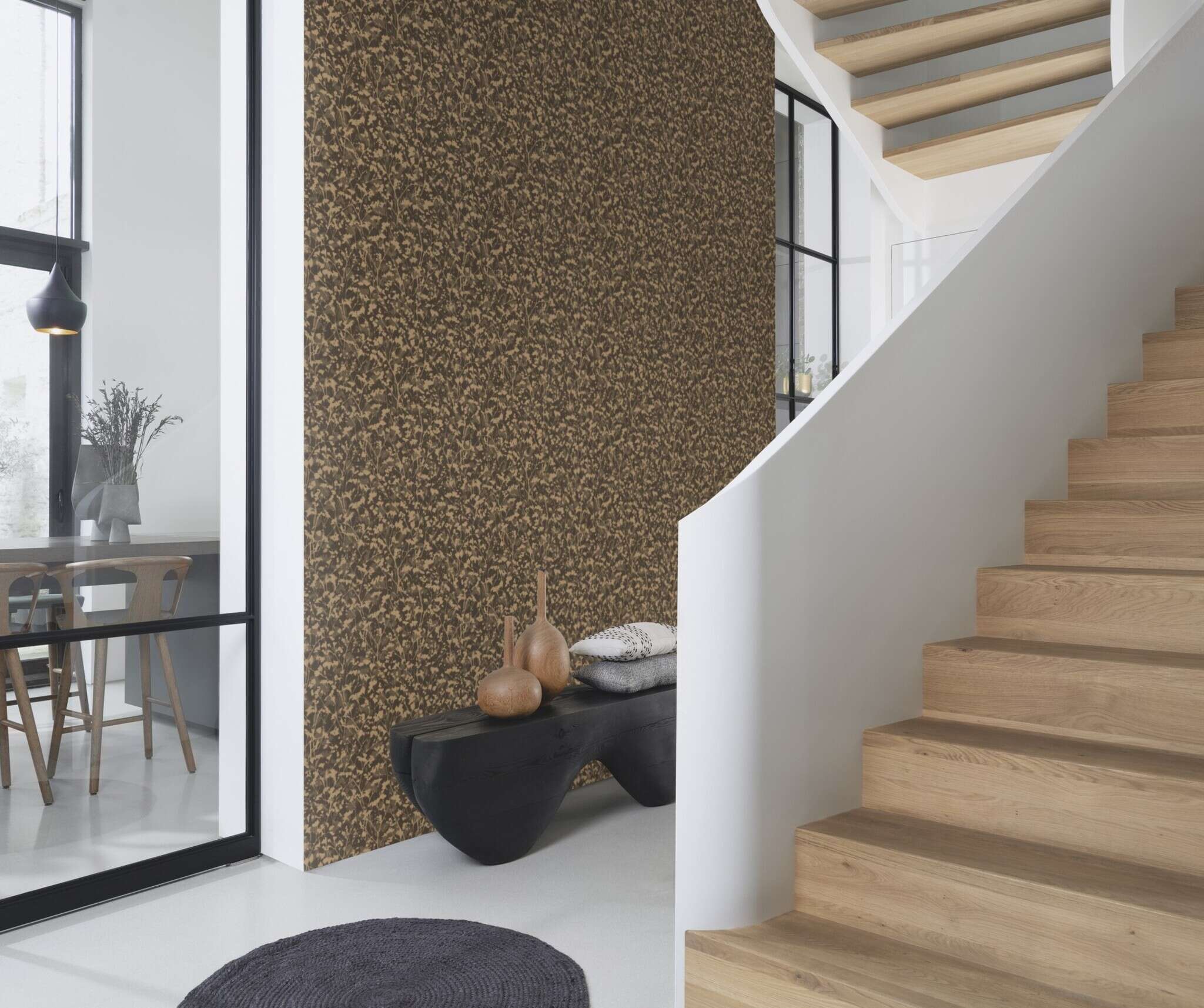 10-720754 Raumsituationen 2 Room with Wallpaper with plant silhouettes and a fine vertical texture
