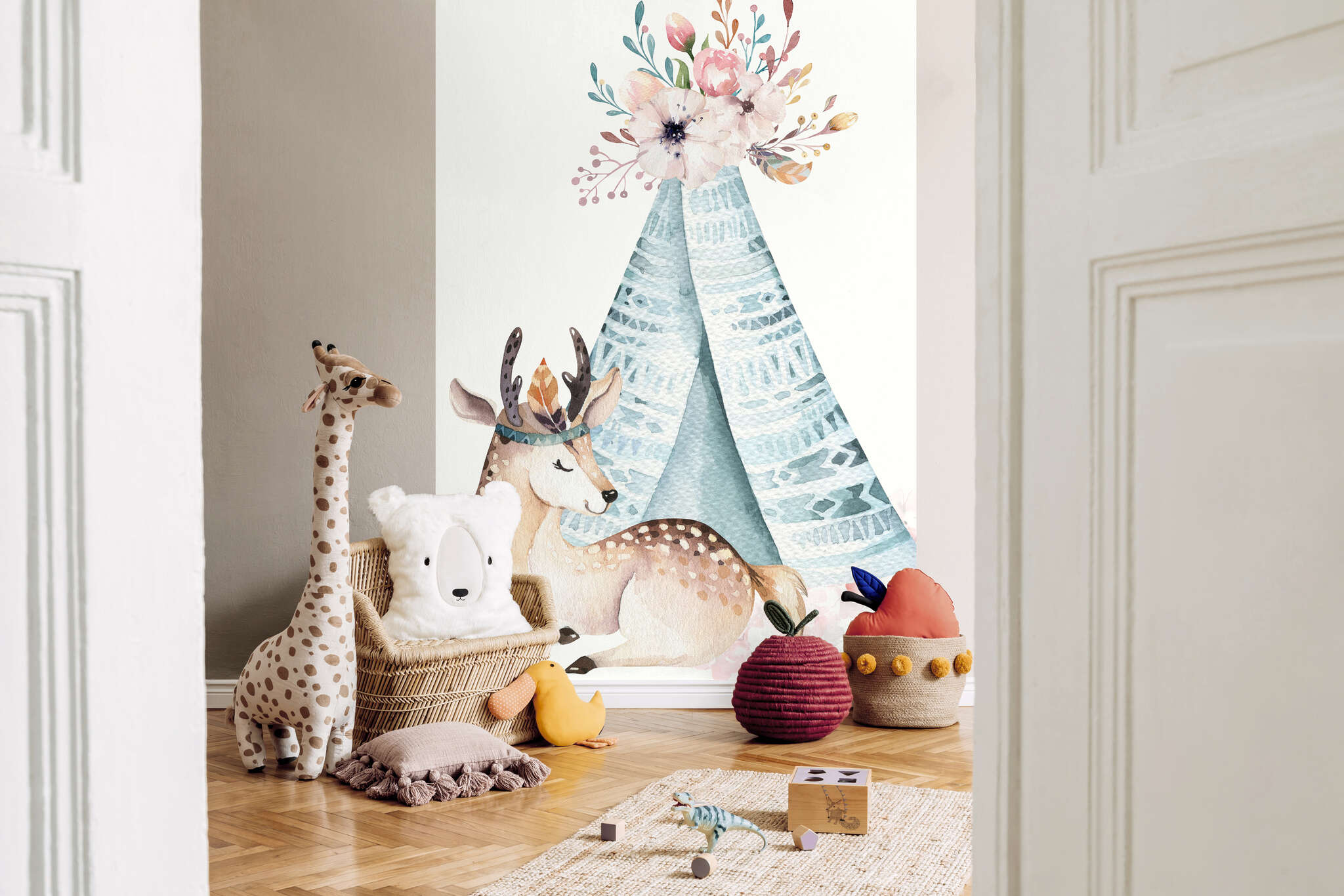 10-367911 Raumbilder 1 Fototapete Kinderzimmer Tipi und Reh in Blau - Kids World II 367911