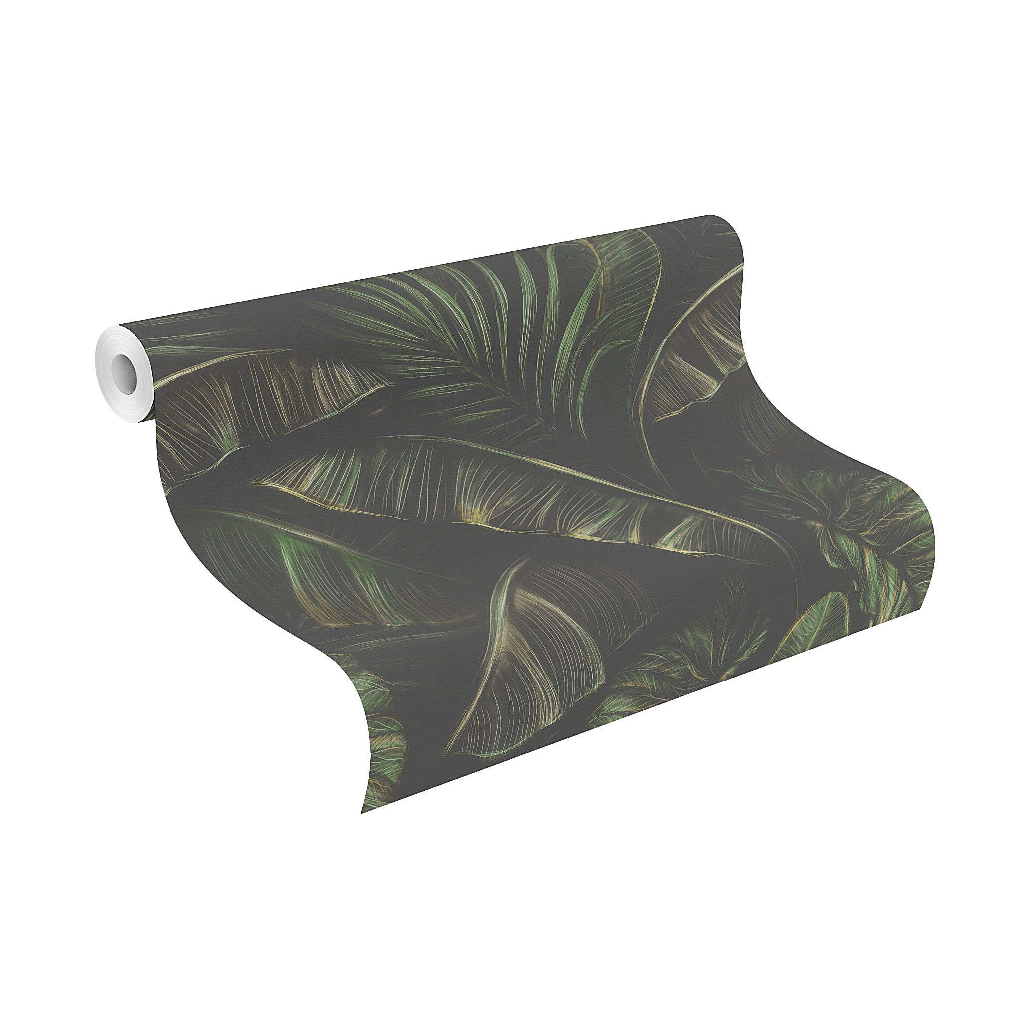 10-286588 Rolle abgerollt 1 Unrolled wallpaper roll with Expressive wallpaper with large green banana leaves on a dark background in a jungle style