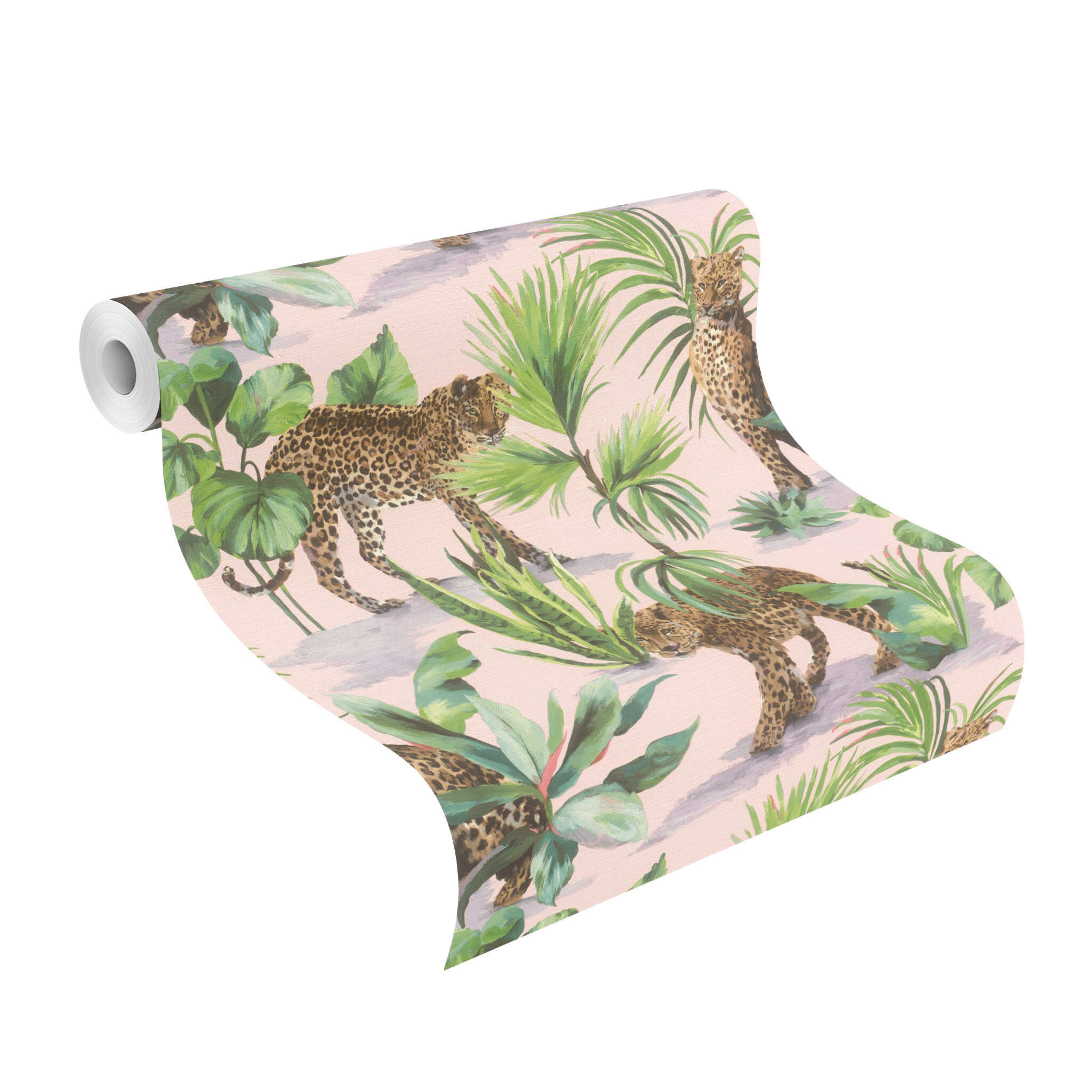 10-370409 Rolle abgerollt 1 Self-adhesive wallpaper Savanna 370409 - Exotic leopard motif in pink and green