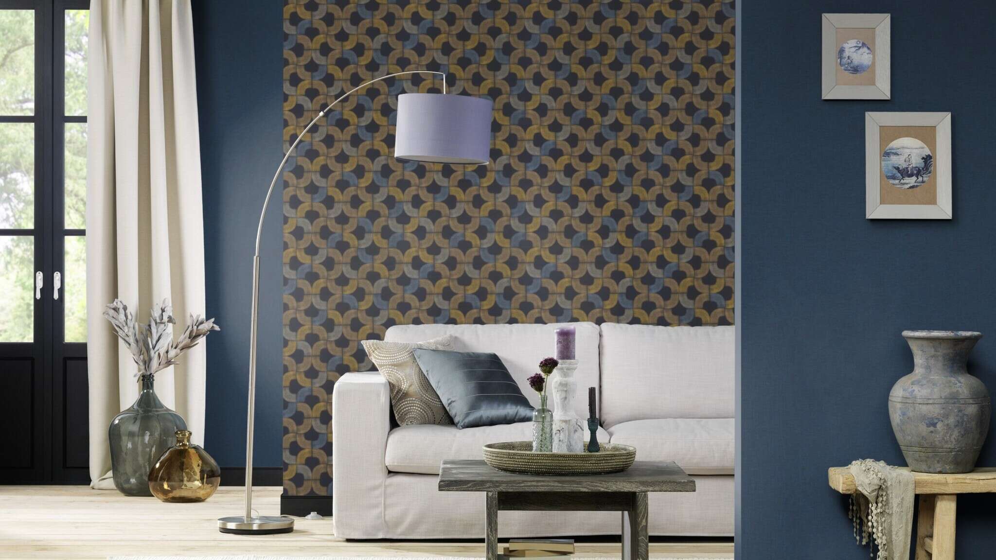 10-449860 Raumsituationen 5 Room with Wallpaper in bold midnight blue with a fine fabric effect.