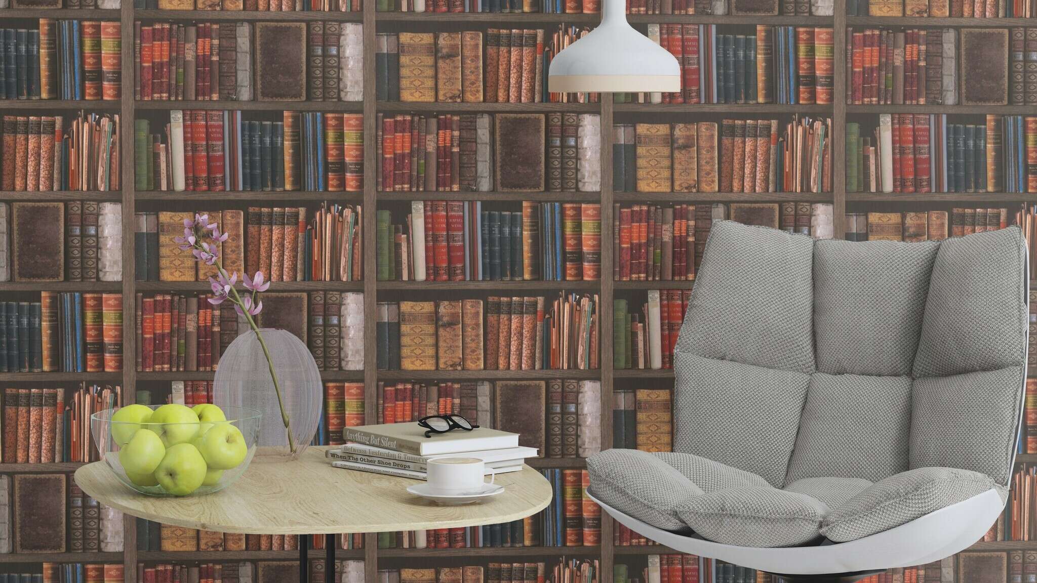 10-934809 Raumsituationen 1 Room with Photorealistic antique library with coloured book spines