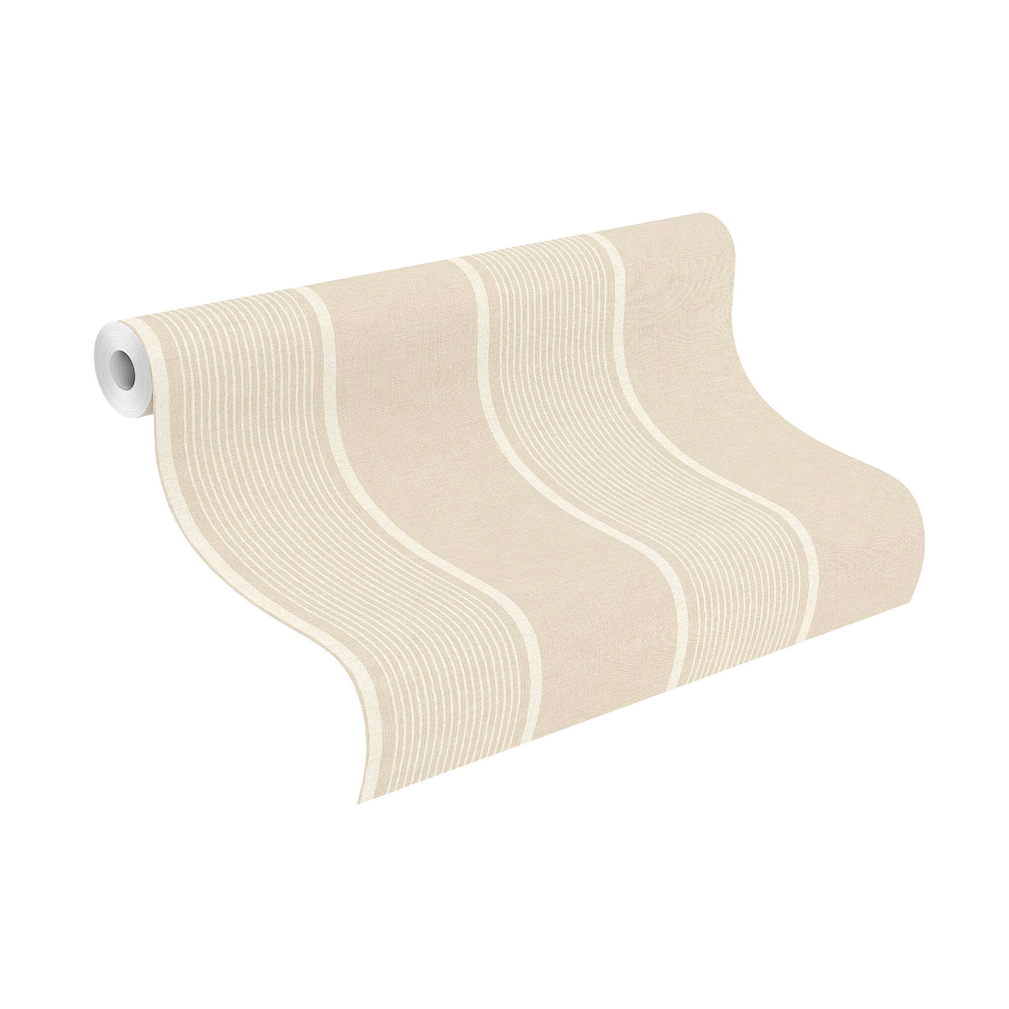 Vliestapete mit Streifen in Beige 463910 Unrolled wallpaper roll with Subtle striped wallpaper with alternating wide and narrow lines in natural beige tones – classic, elegant and versatile.