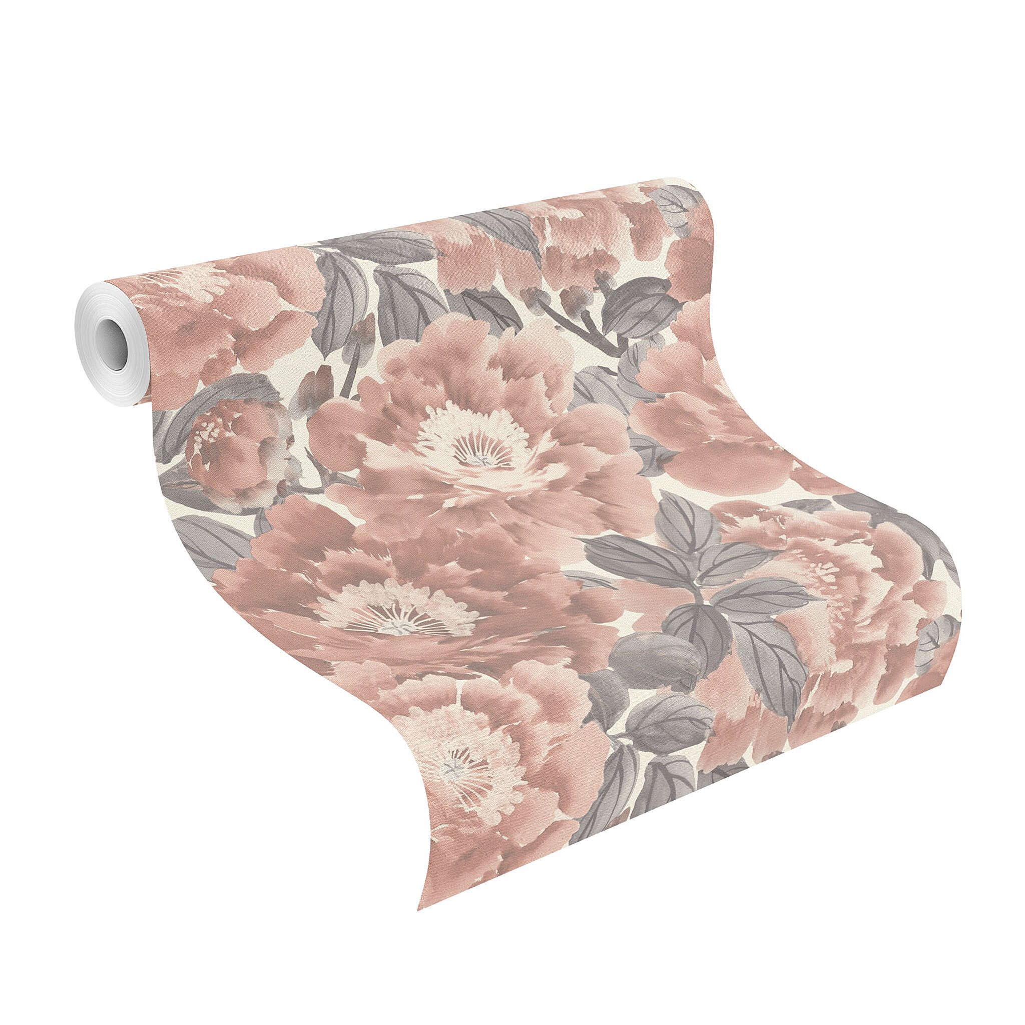 10-408331 Rolle abgerollt 1 Non-woven floral wallpaper in pink-olive Selection 408331
